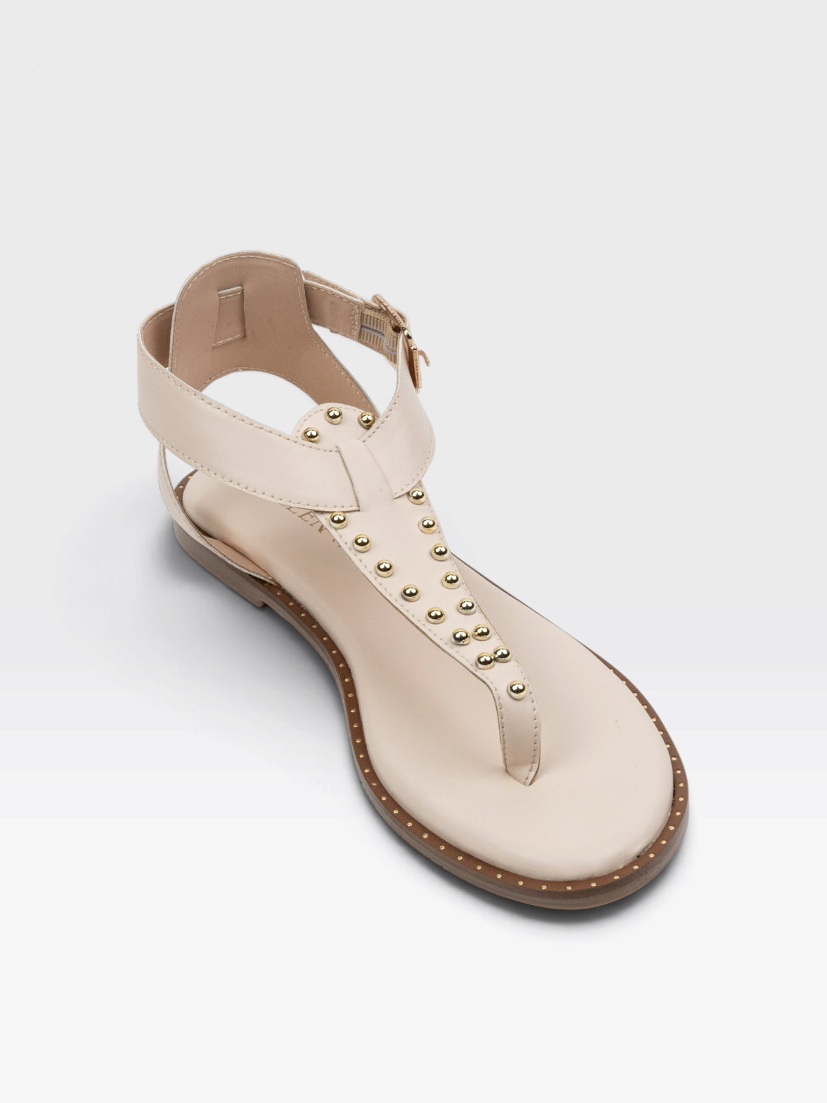 CHLLEN Ivory Flat Sandals with Gold-Tone Stud Accents and Toe-Loop Design