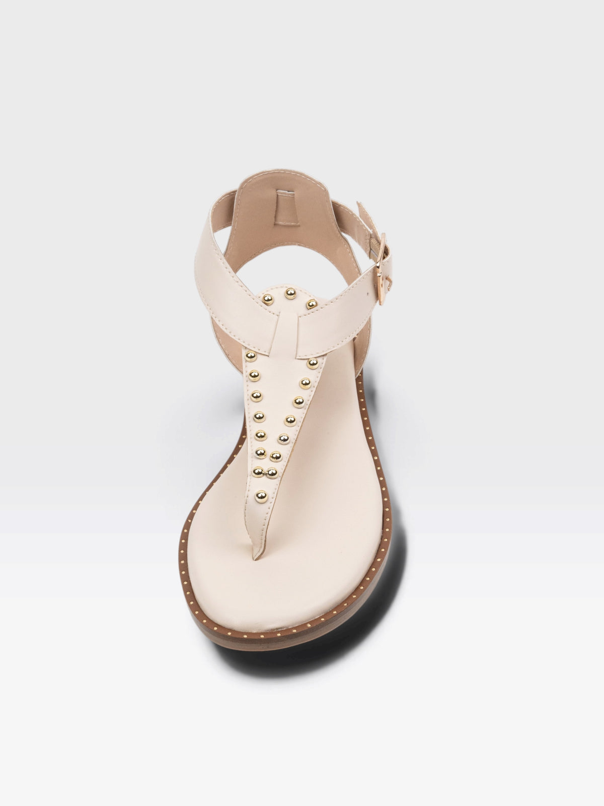 CHLLEN Ivory Flat Sandals with Gold-Tone Stud Accents and Toe-Loop Design