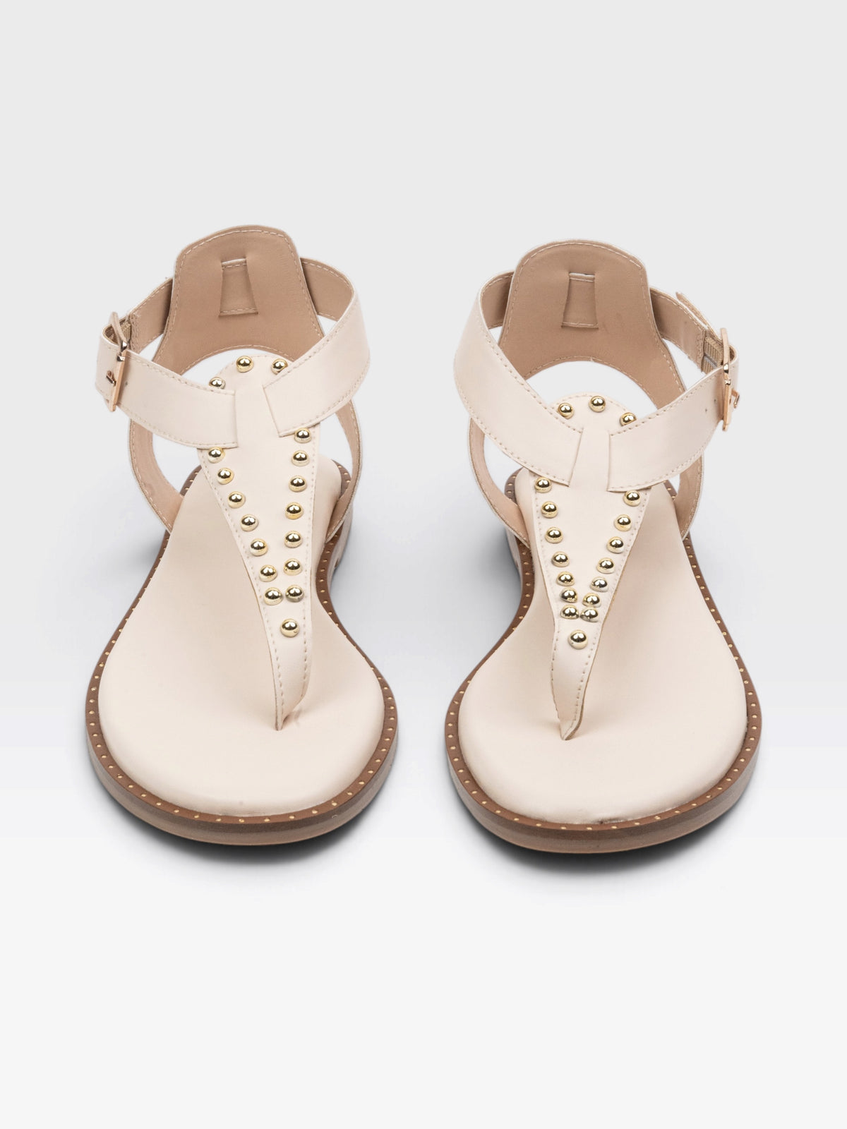 CHLLEN Ivory Flat Sandals with Gold-Tone Stud Accents and Toe-Loop Design