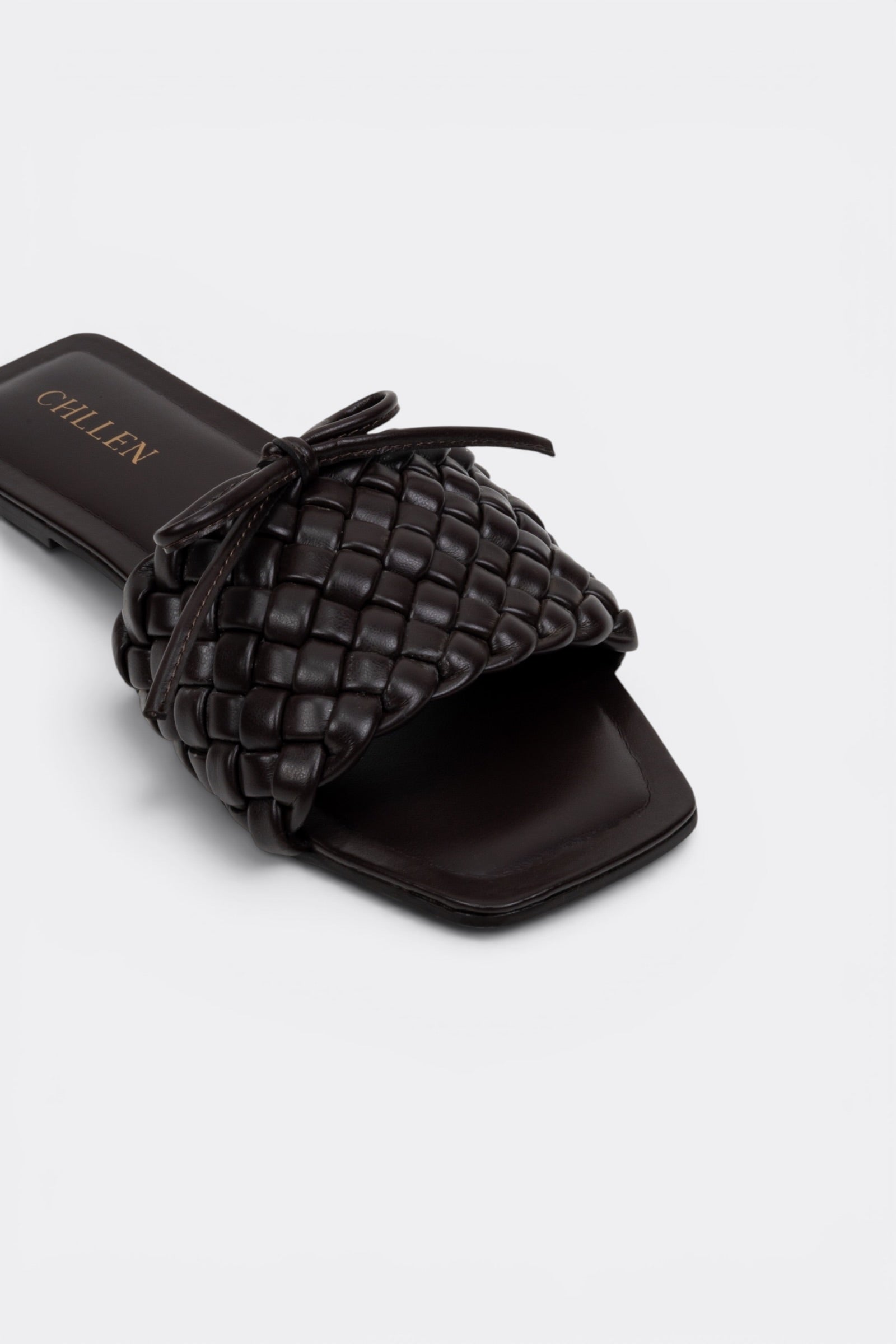 CHLLEN Signature Chocolate Brown Woven Bow Flats