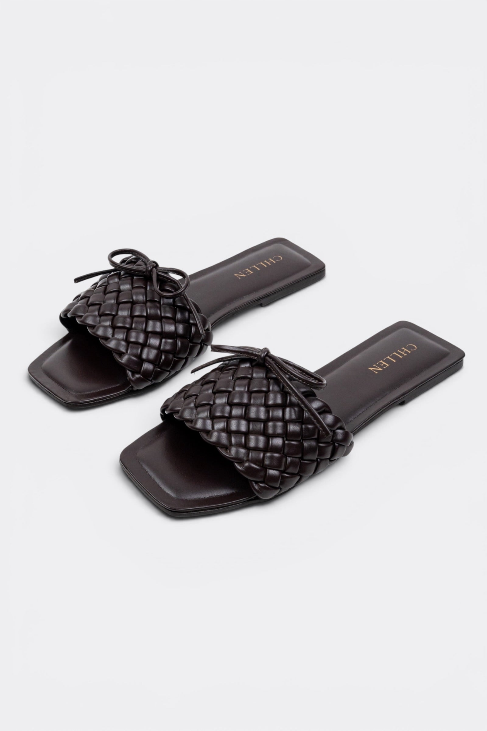 CHLLEN Signature Chocolate Brown Woven Bow Flats