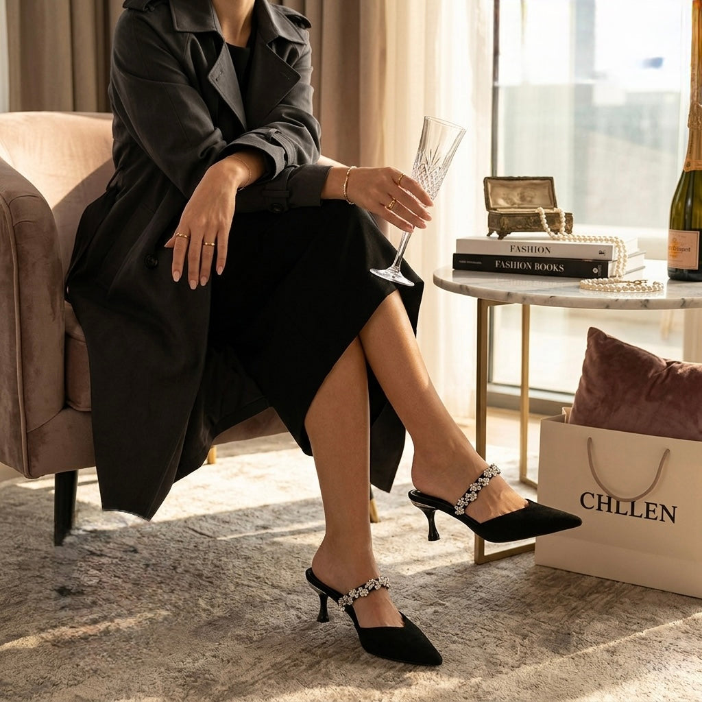 CHLLEN Noir Crystal Strap Pointed Mule Flats