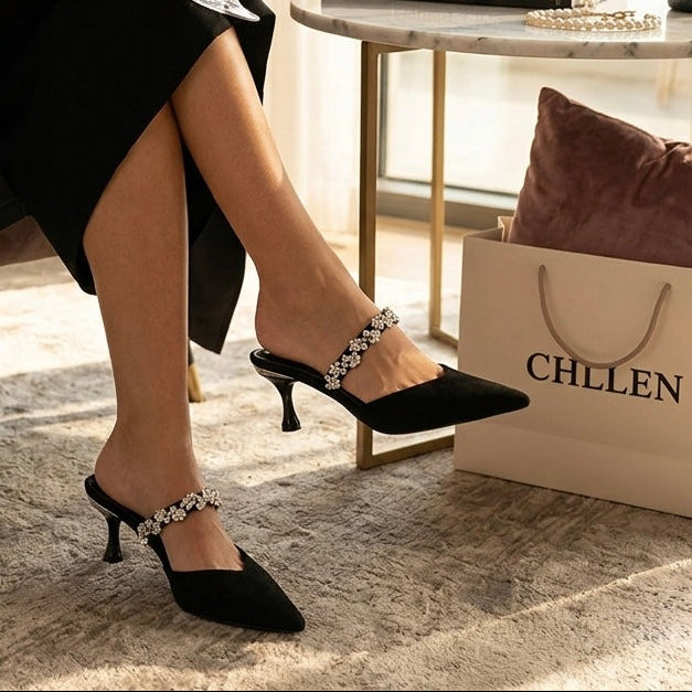 CHLLEN Noir Crystal Strap Pointed Mule Heels
