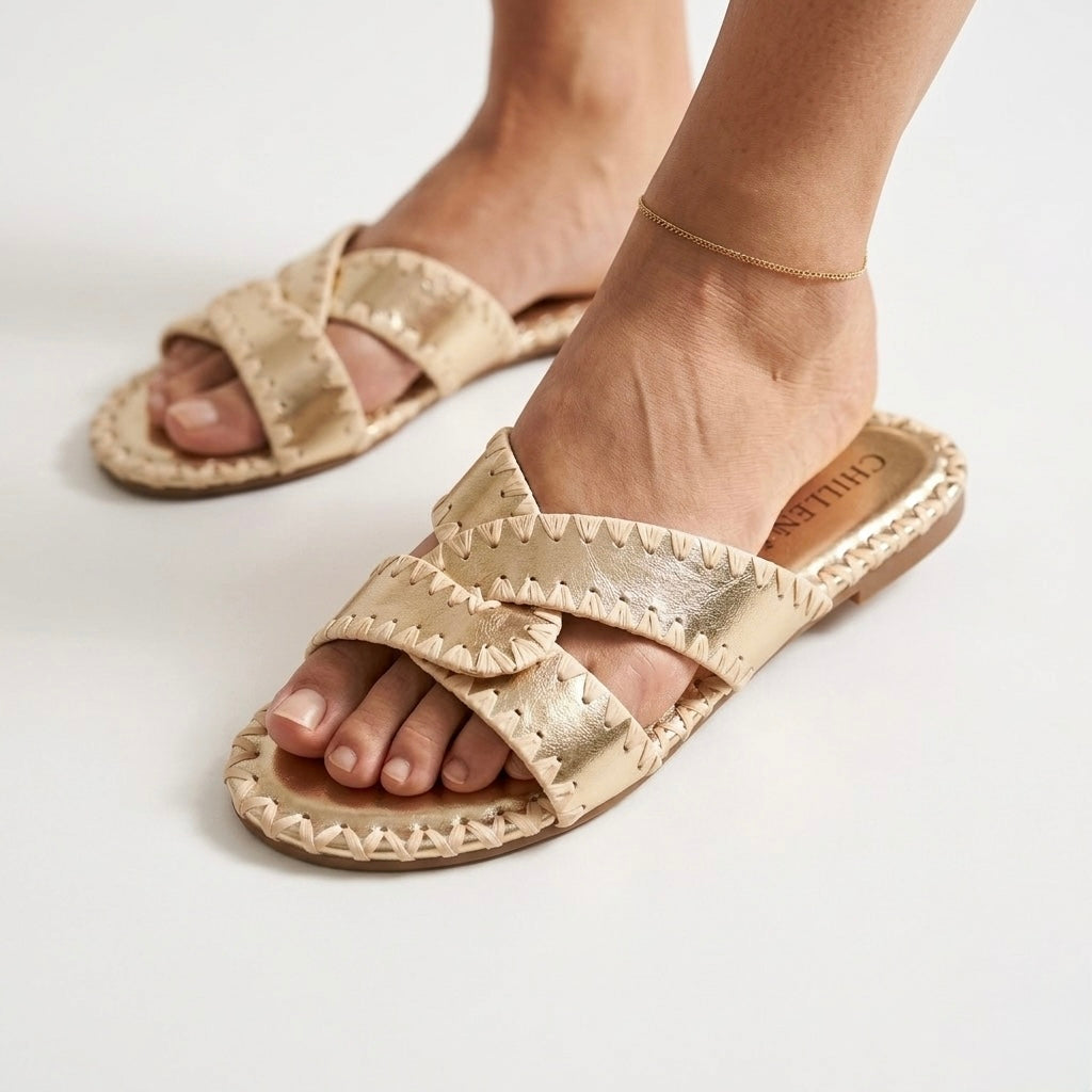 CHLLEN Gold Contrast Stitch Cross-Strap Flats