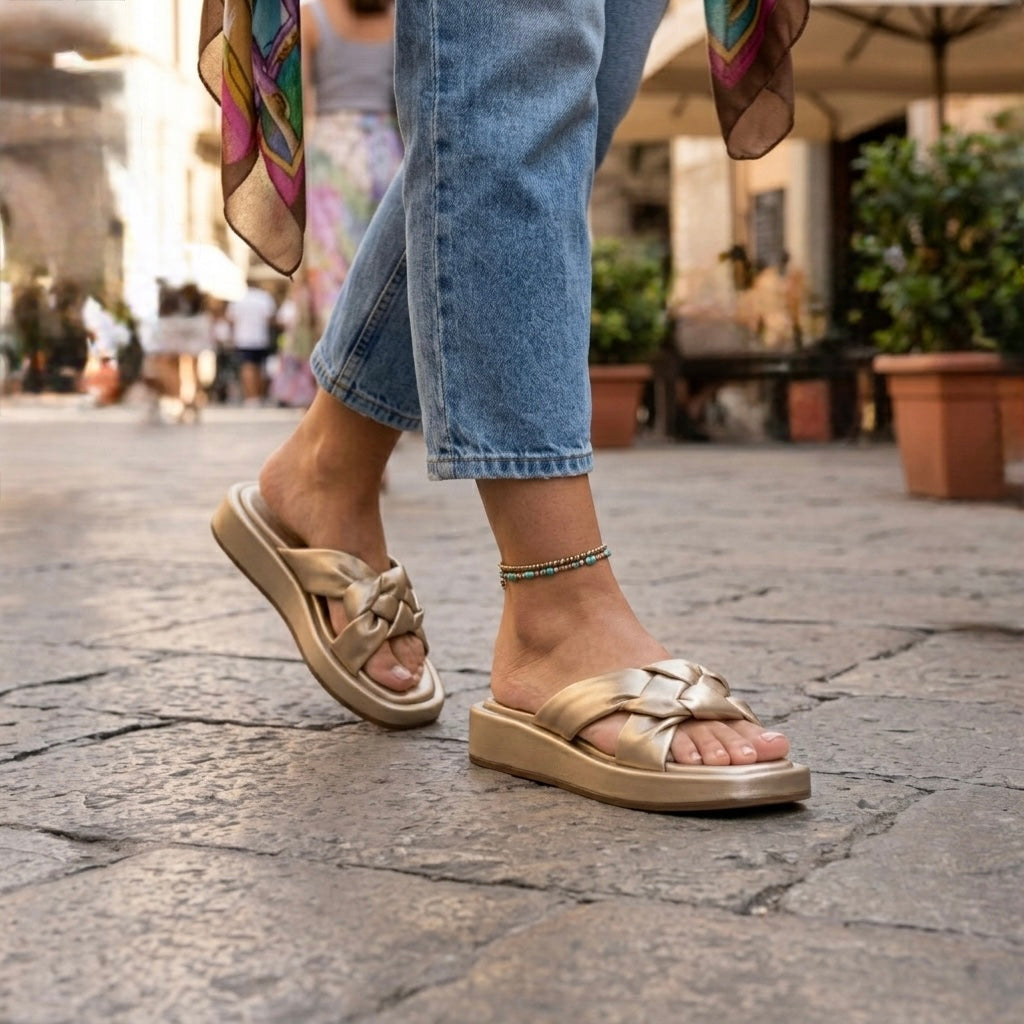 CHLLEN Champagne Metallic Braided Comfort Slides
