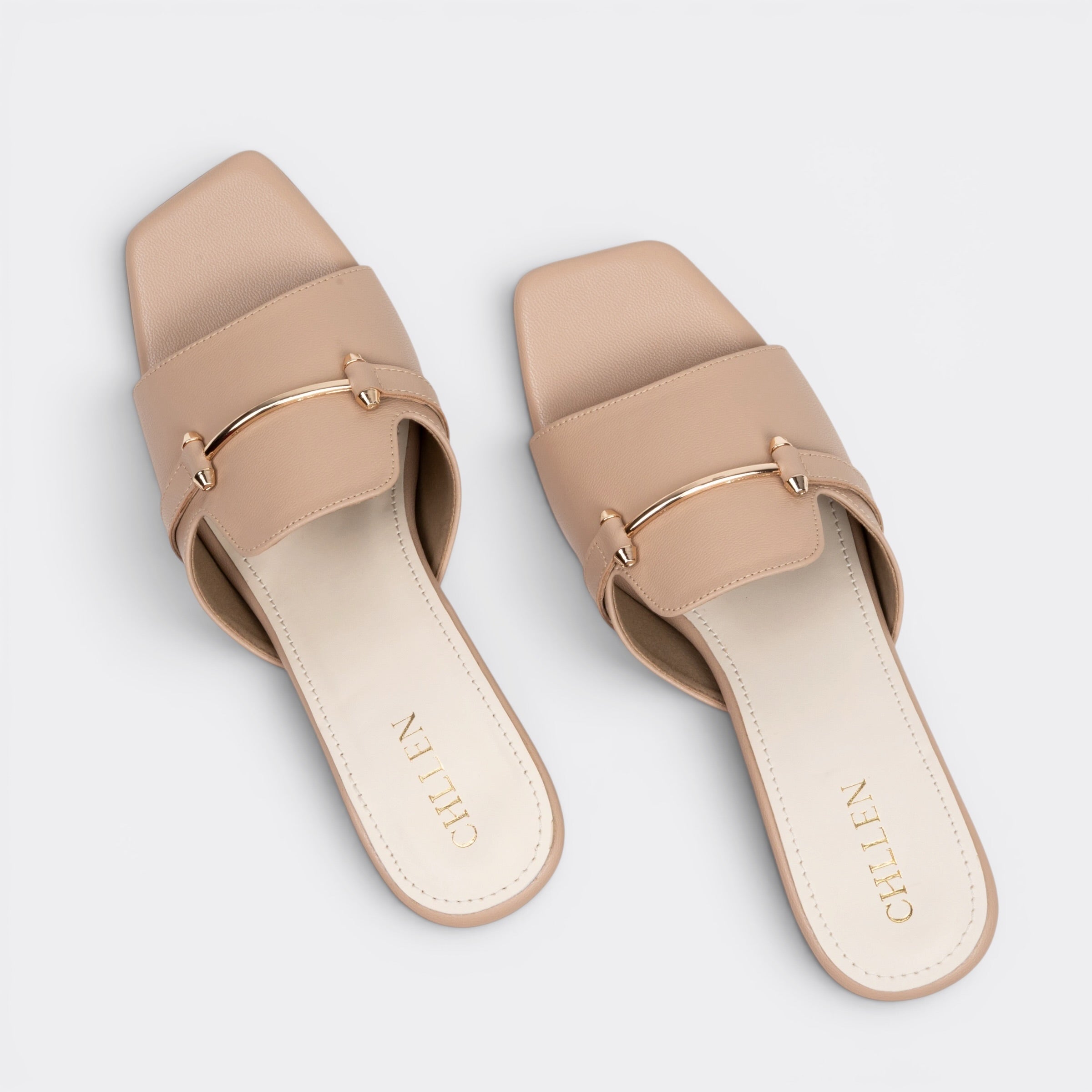 CHLLEN Taupe Metal Accent Strap Heels