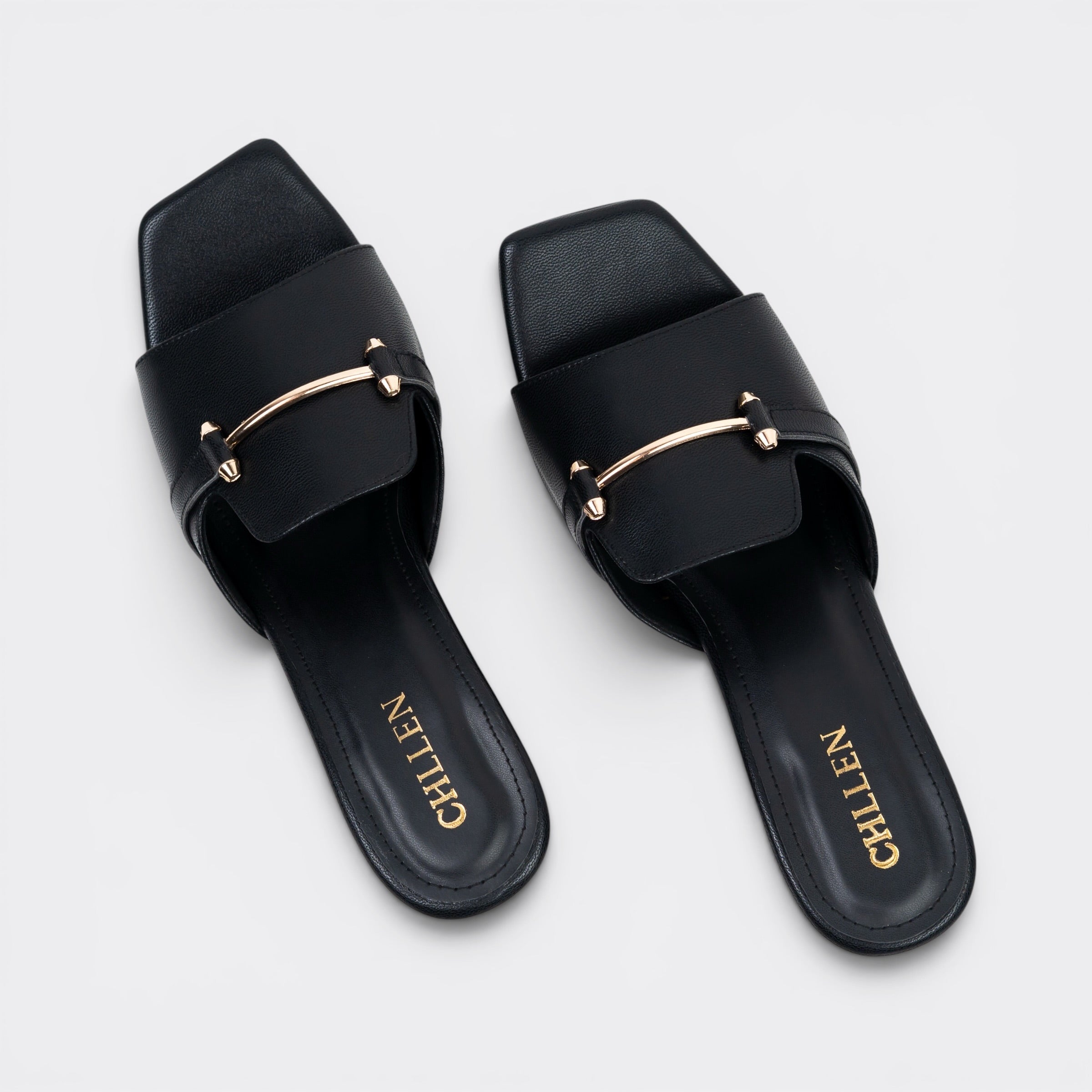 CHLLEN Black Metal Accent Strap Heels