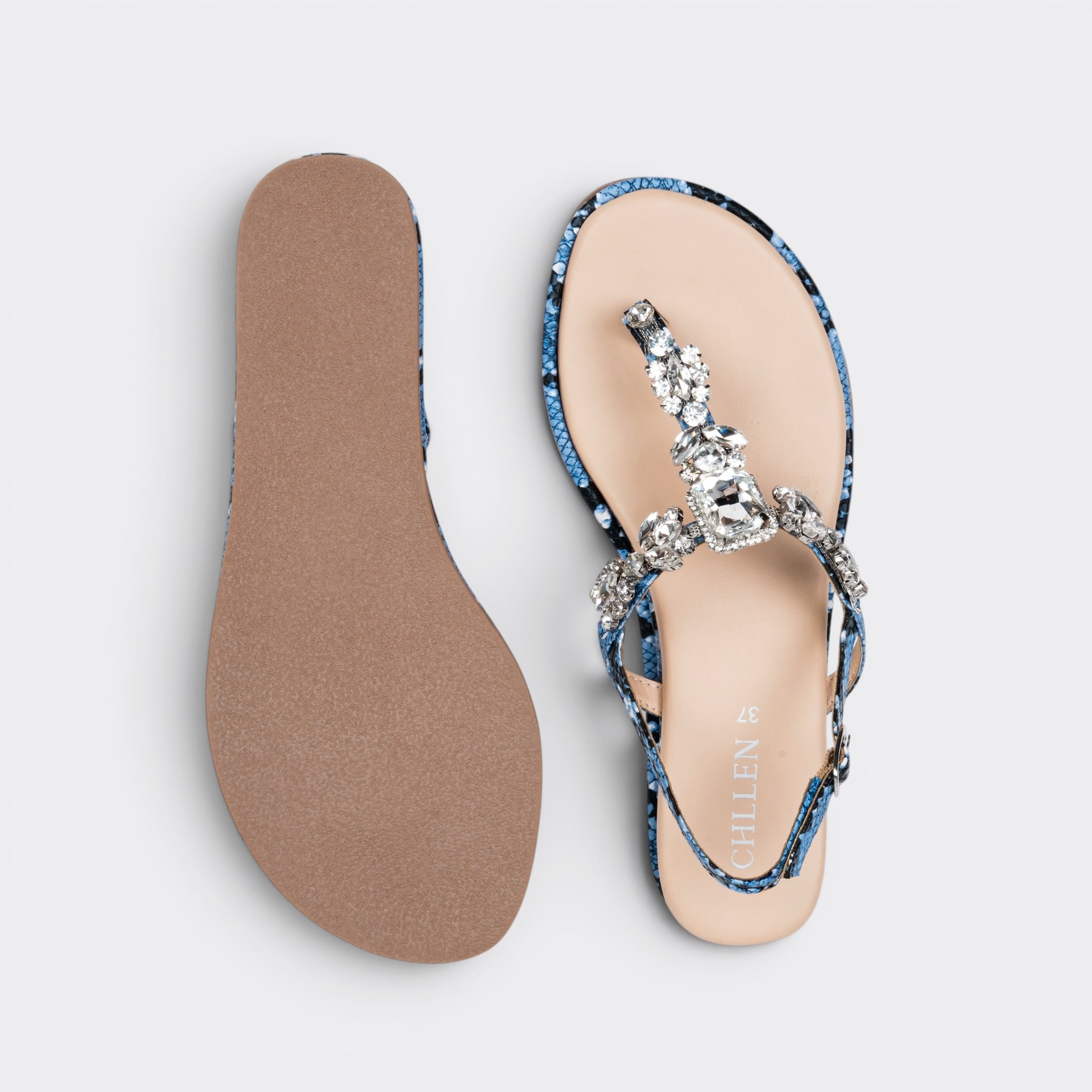 CHLLEN Azure Crystal Serpent T-Strap Flat Sandals