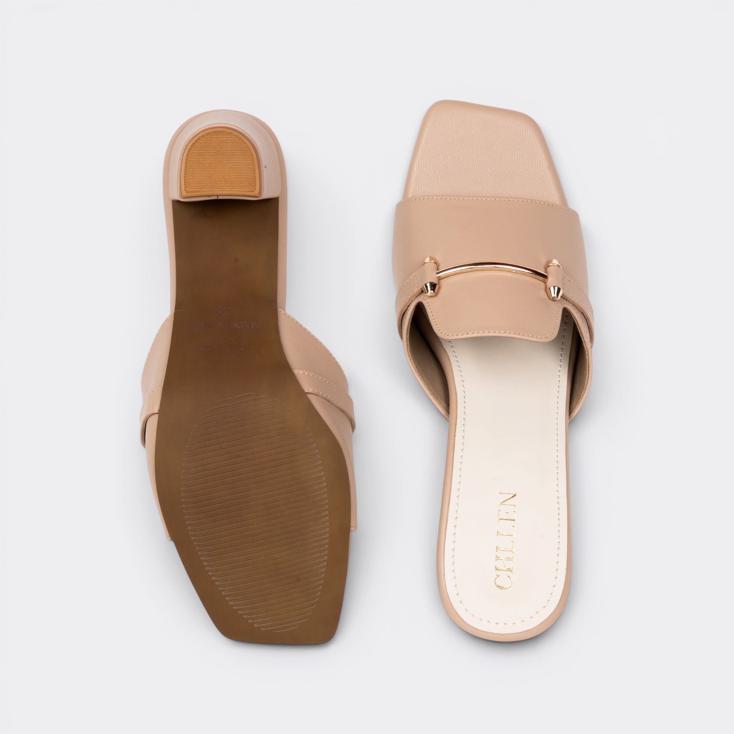 CHLLEN Taupe Metal Accent Strap Heels