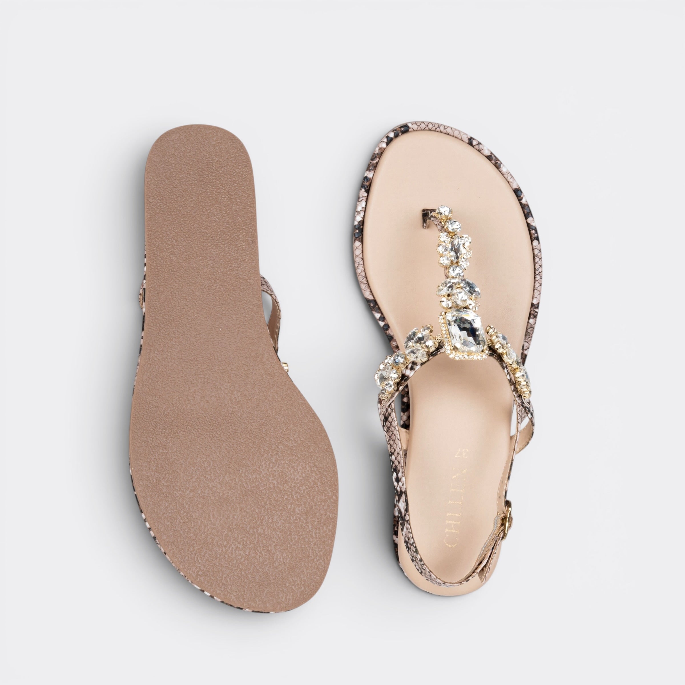 CHLLEN Imperial Crystal Serpent T-Strap Flat Sandals