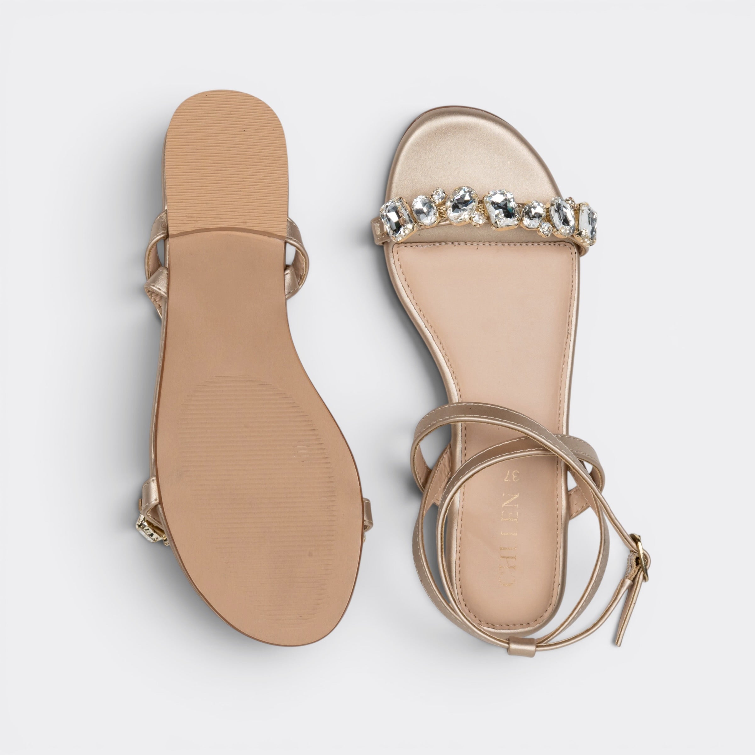 CHLLEN Cream Embellished Ankle Strap Sandals