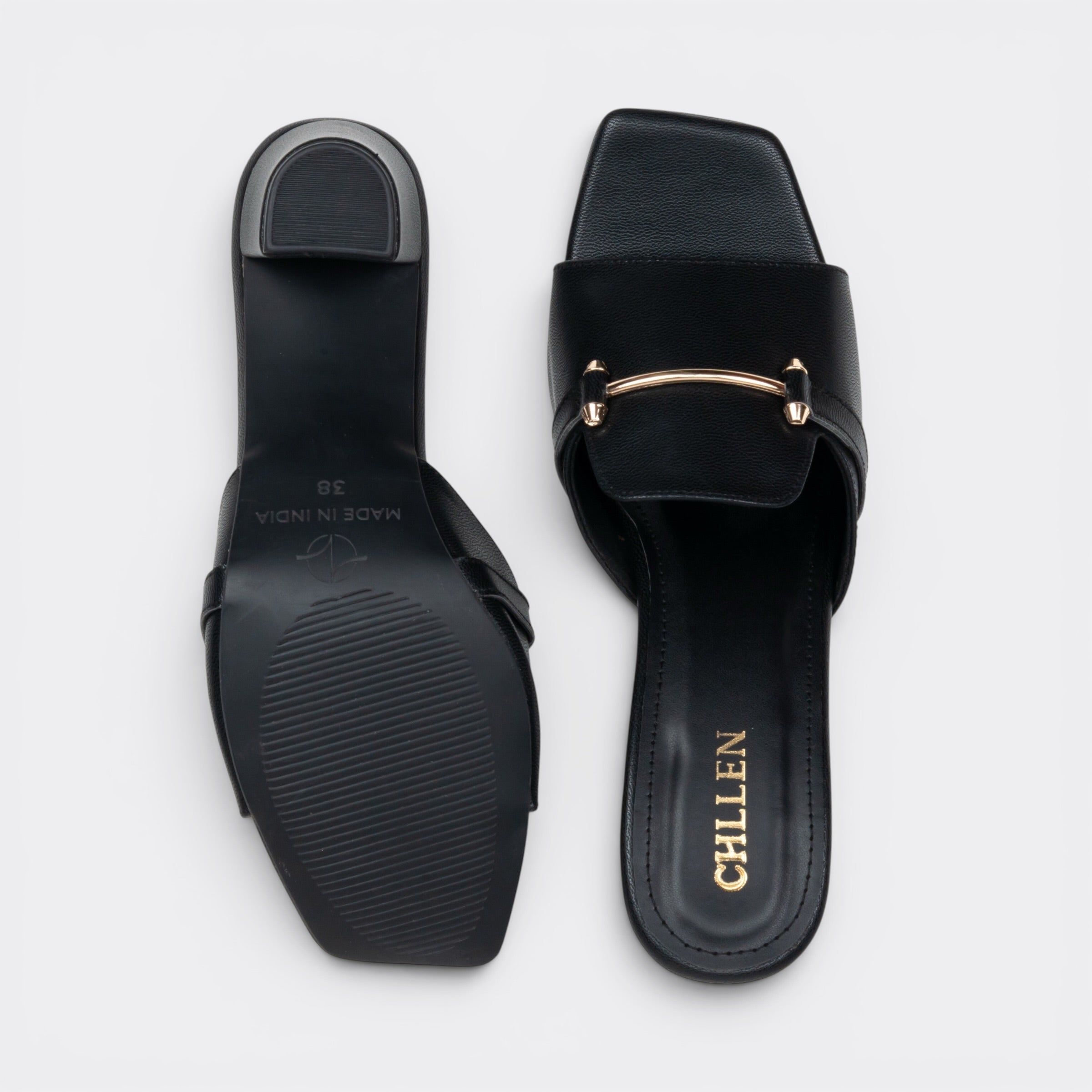CHLLEN Black Metal Accent Strap Heels