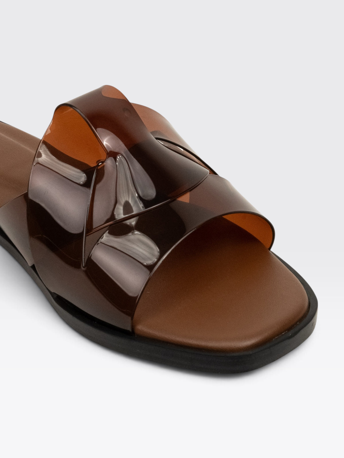 CHLLEN Brown Glossy Strap Open Toe Flats