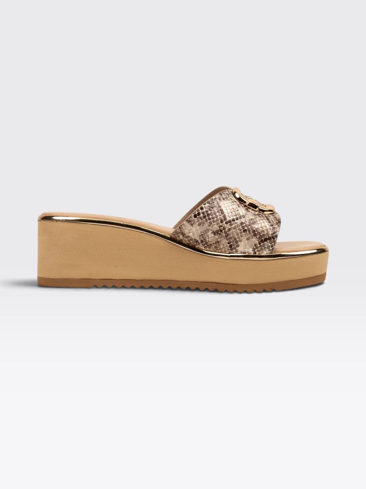CHLLEN Beige Snakeskin Wedge Heels with Gold Buckle