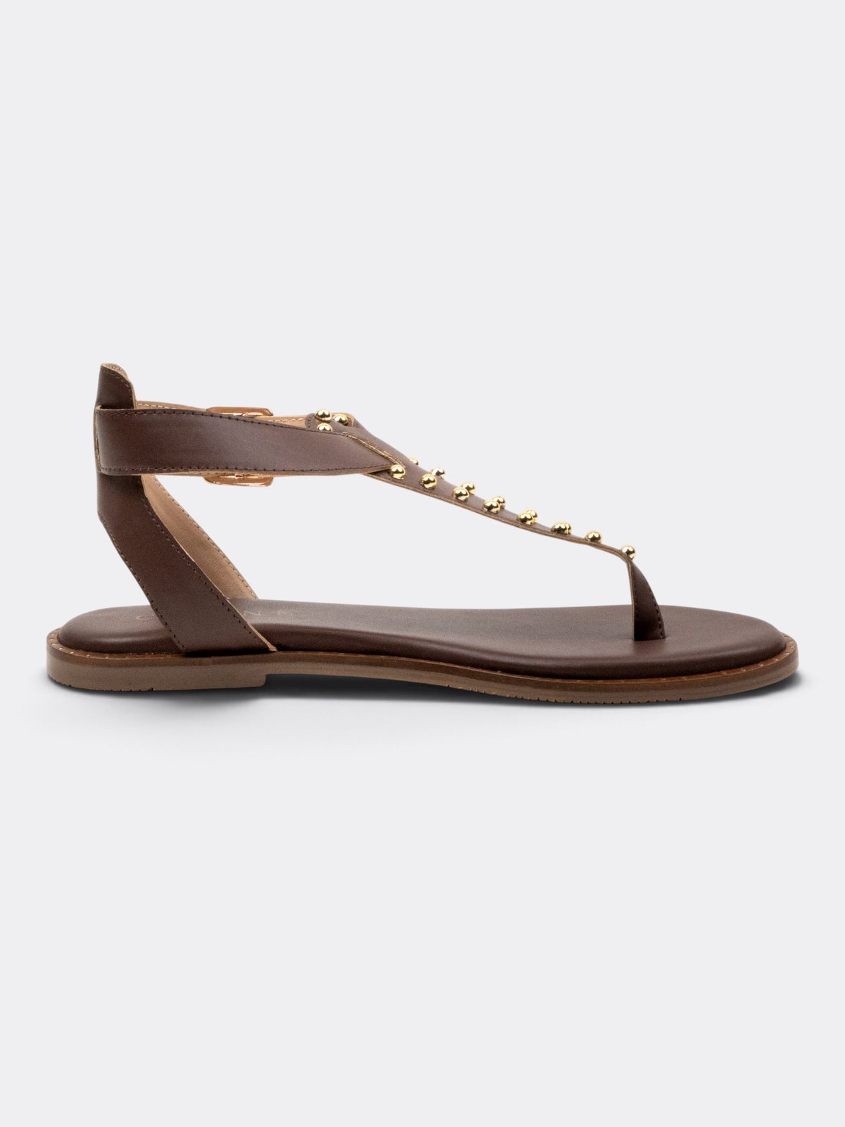 CHLLEN Chocolate Brown Studded Toe-Loop Flat Sandals with Ankle Buckle