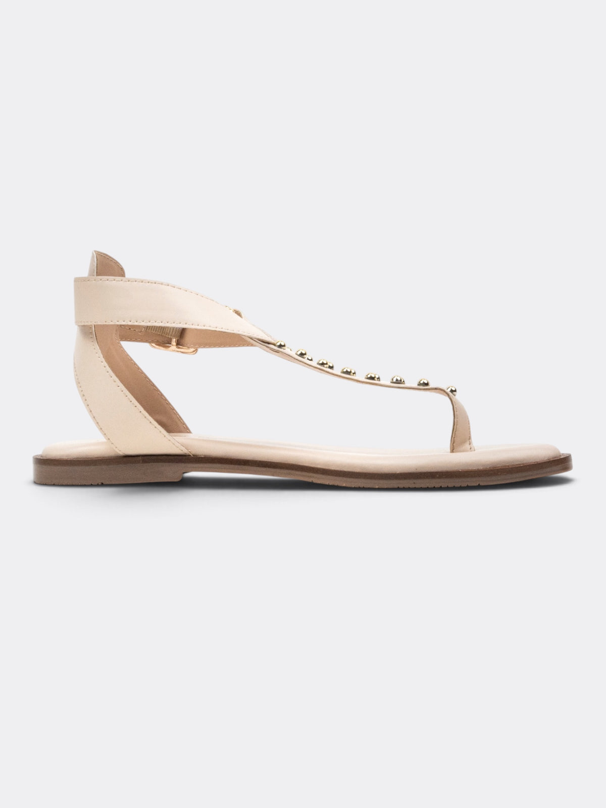 CHLLEN Ivory Flat Sandals with Gold-Tone Stud Accents and Toe-Loop Design
