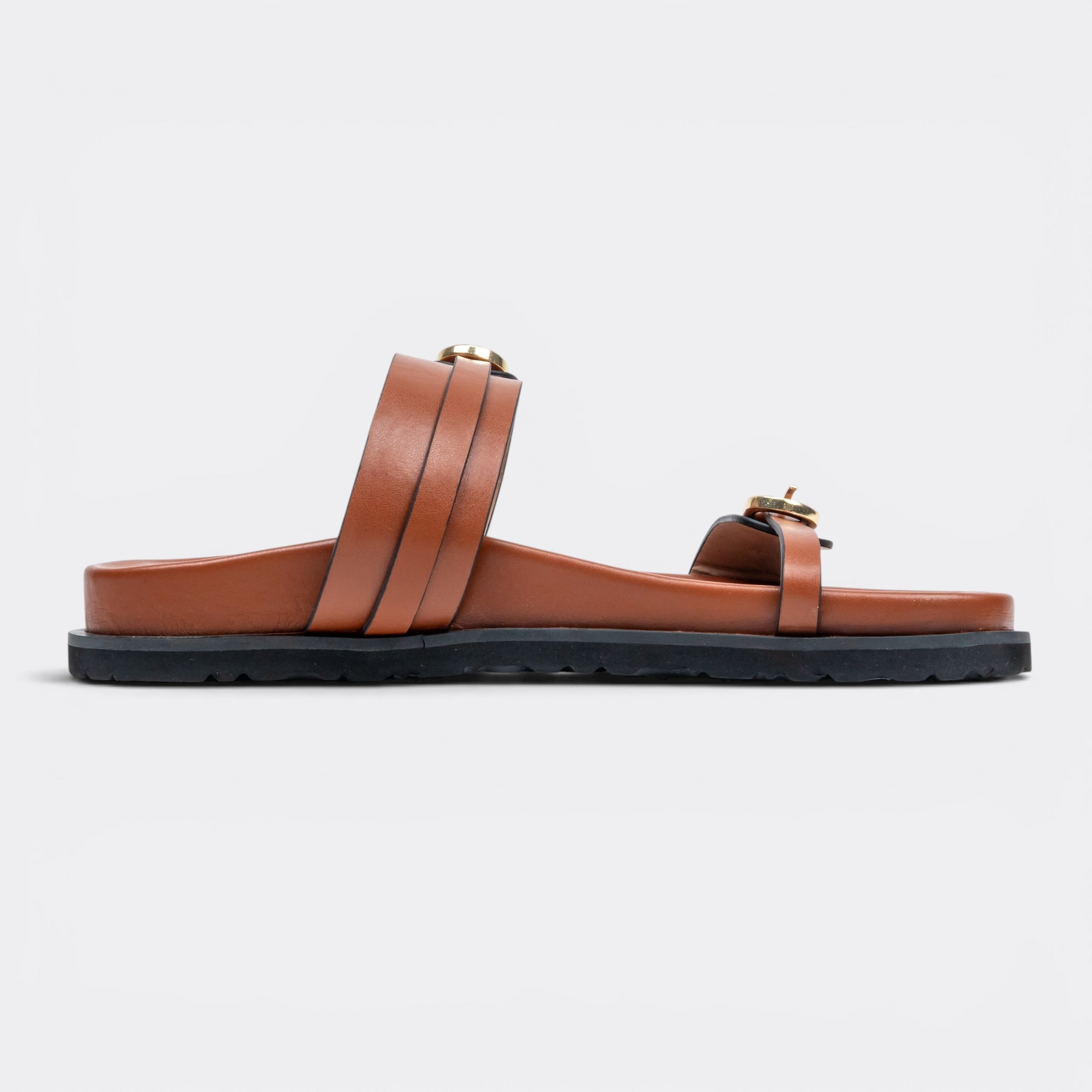 CHLLEN Tan Floral Buckle Double-Strap Slides
