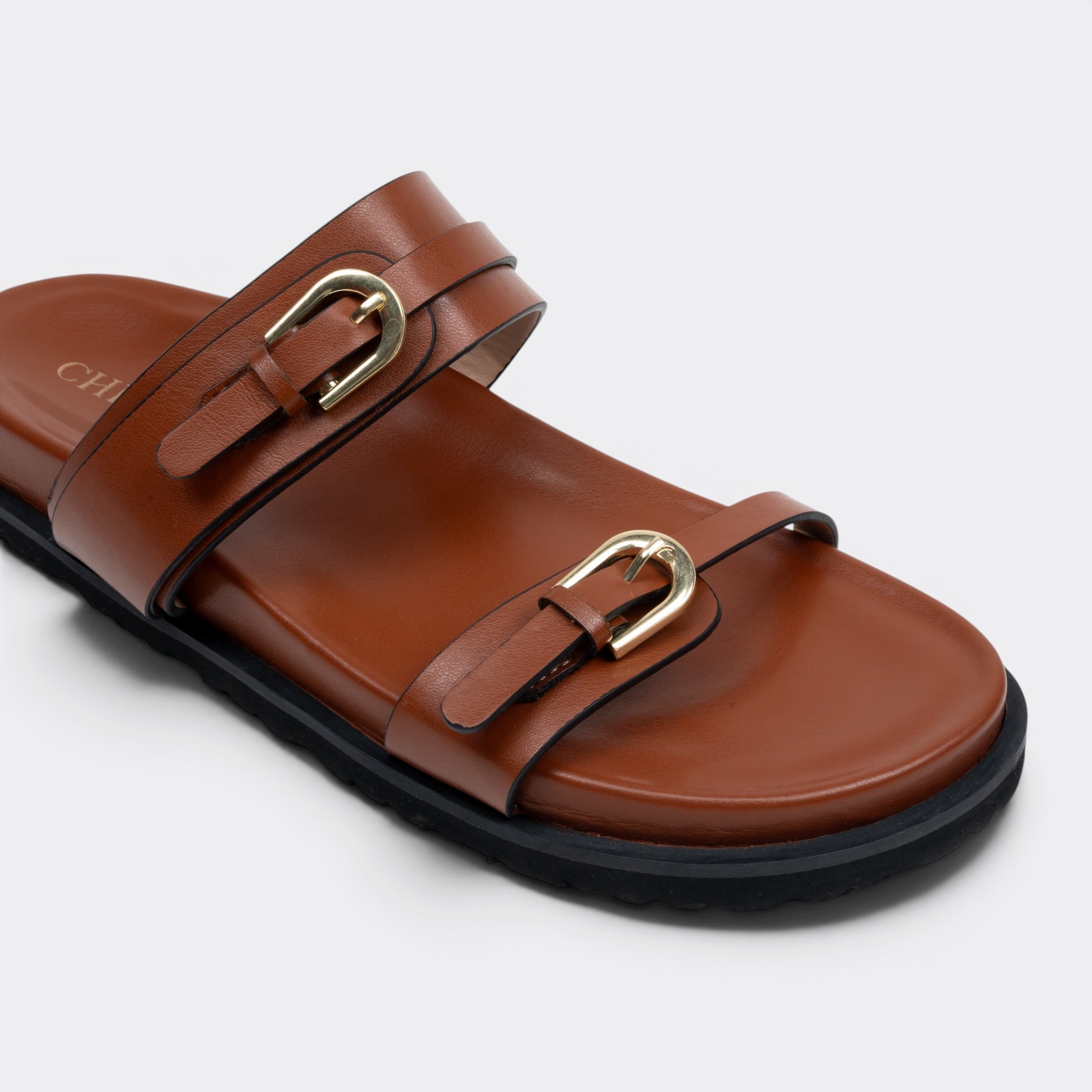 CHLLEN Tan Floral Buckle Double-Strap Slides