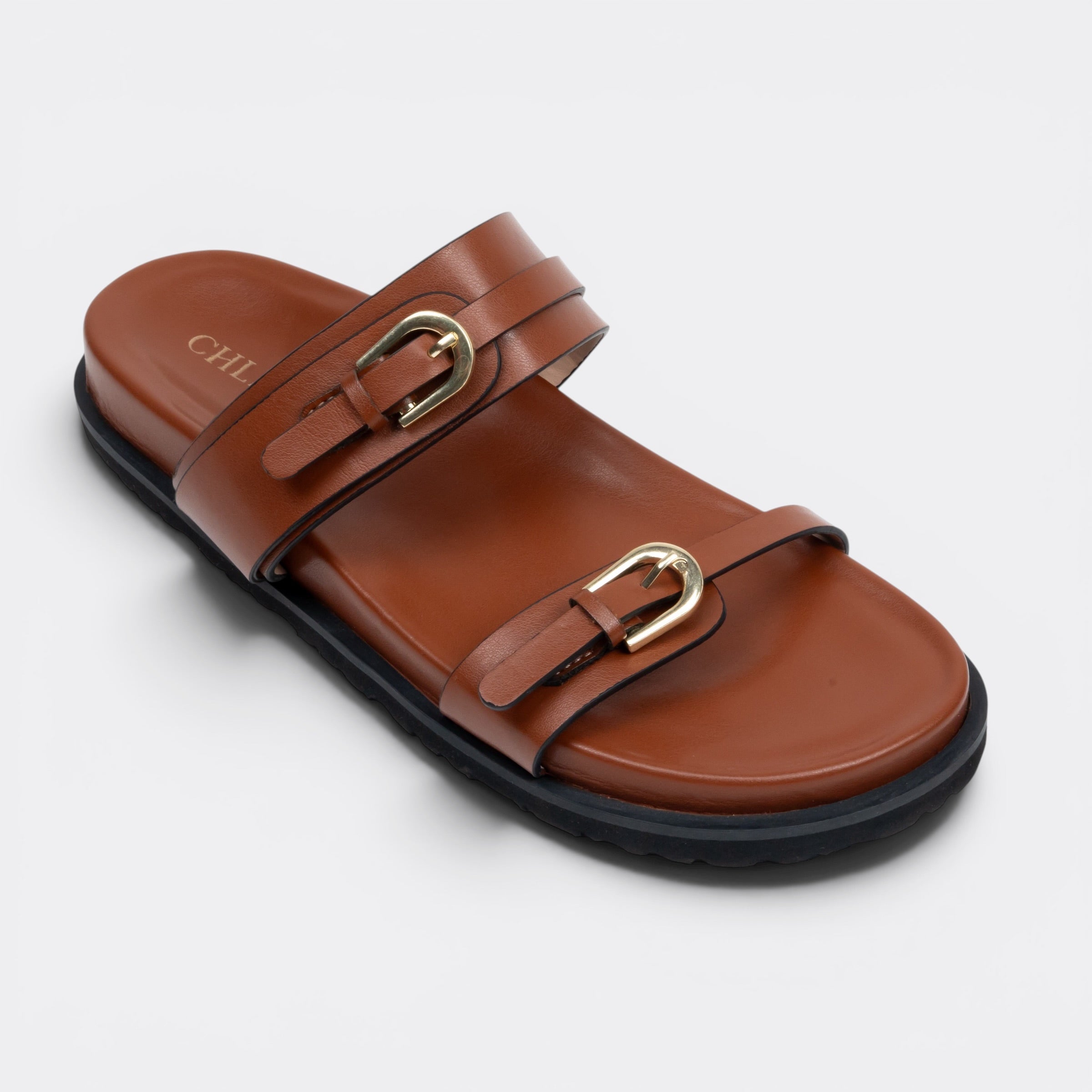 CHLLEN Tan Floral Buckle Double-Strap Slides