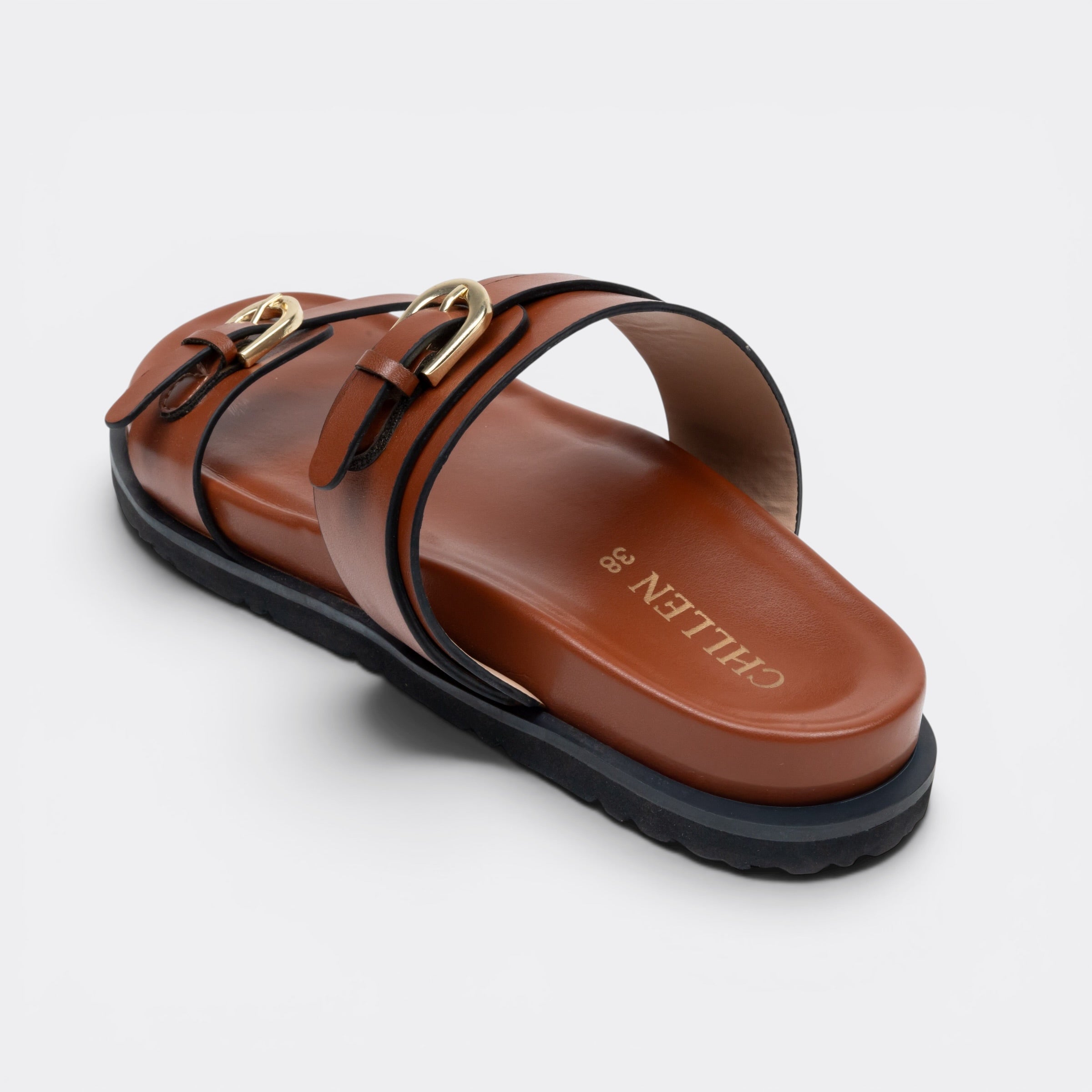CHLLEN Tan Floral Buckle Double-Strap Slides