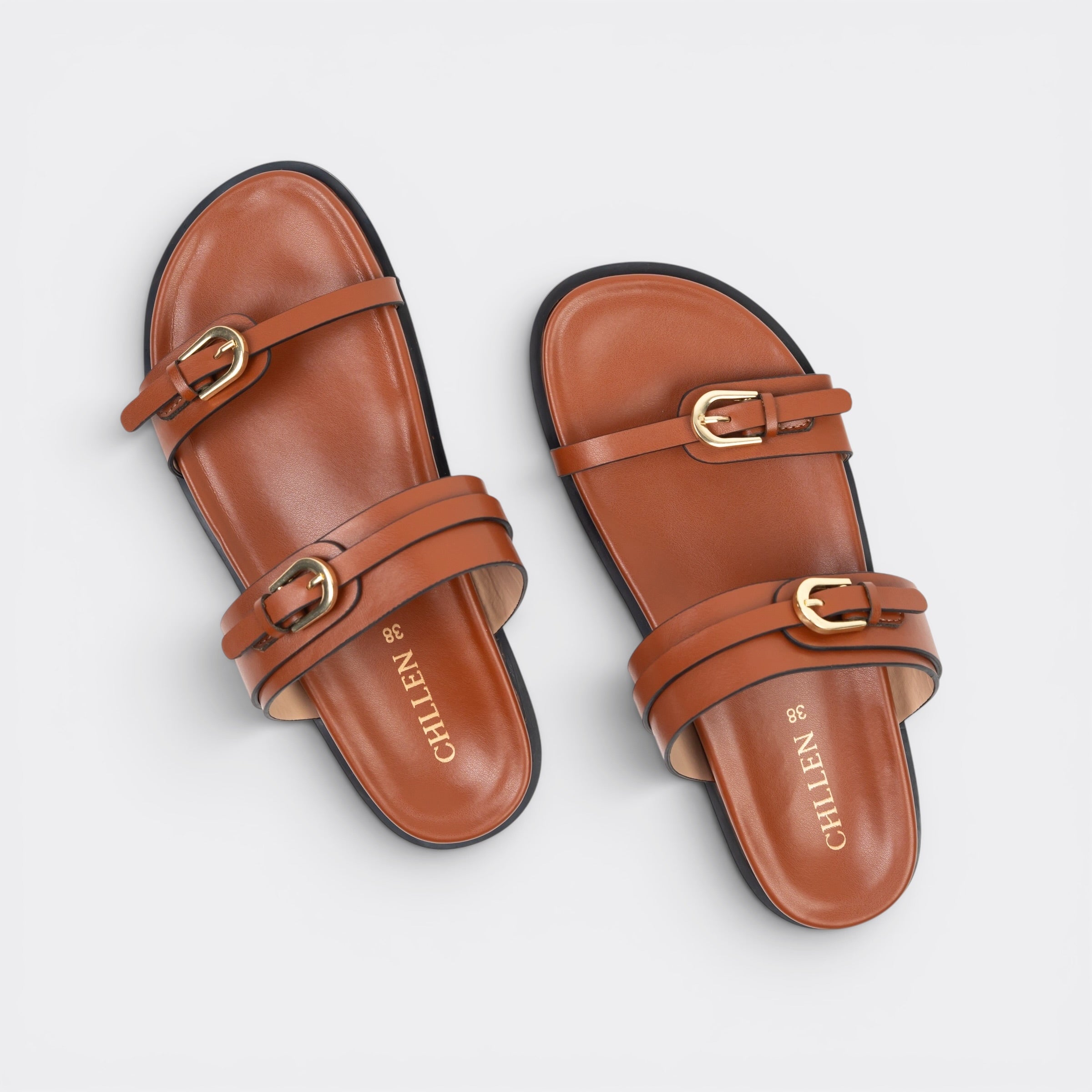 CHLLEN Tan Floral Buckle Double-Strap Slides