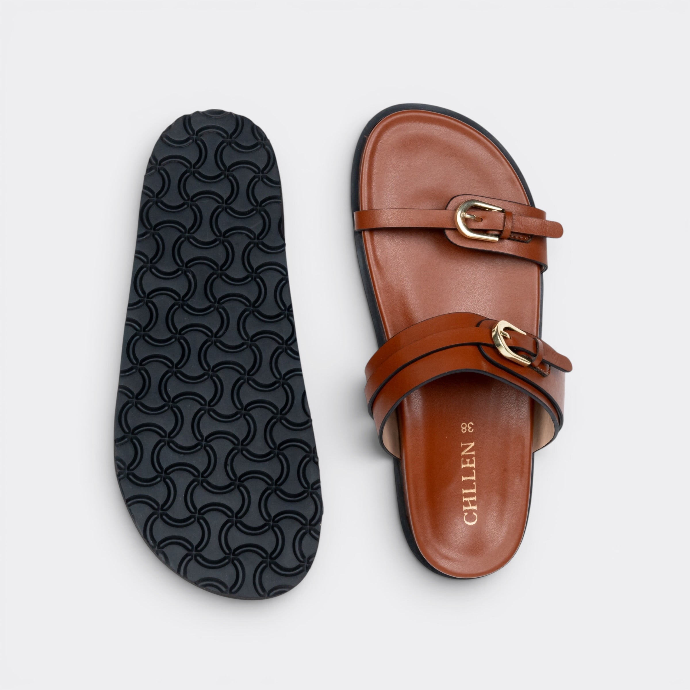 CHLLEN Tan Floral Buckle Double-Strap Slides