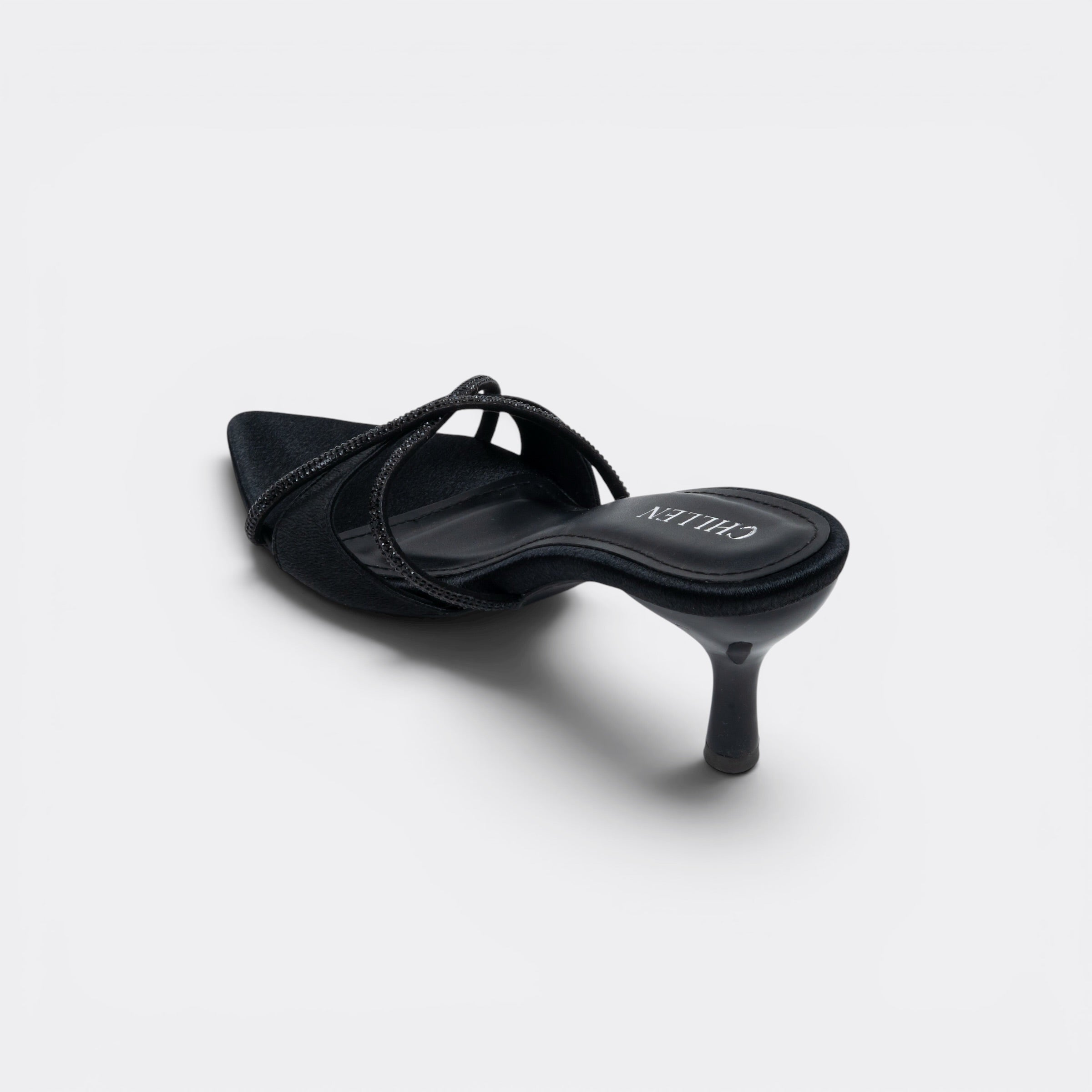 CHLLEN Black Crystal Cross Strap Heels