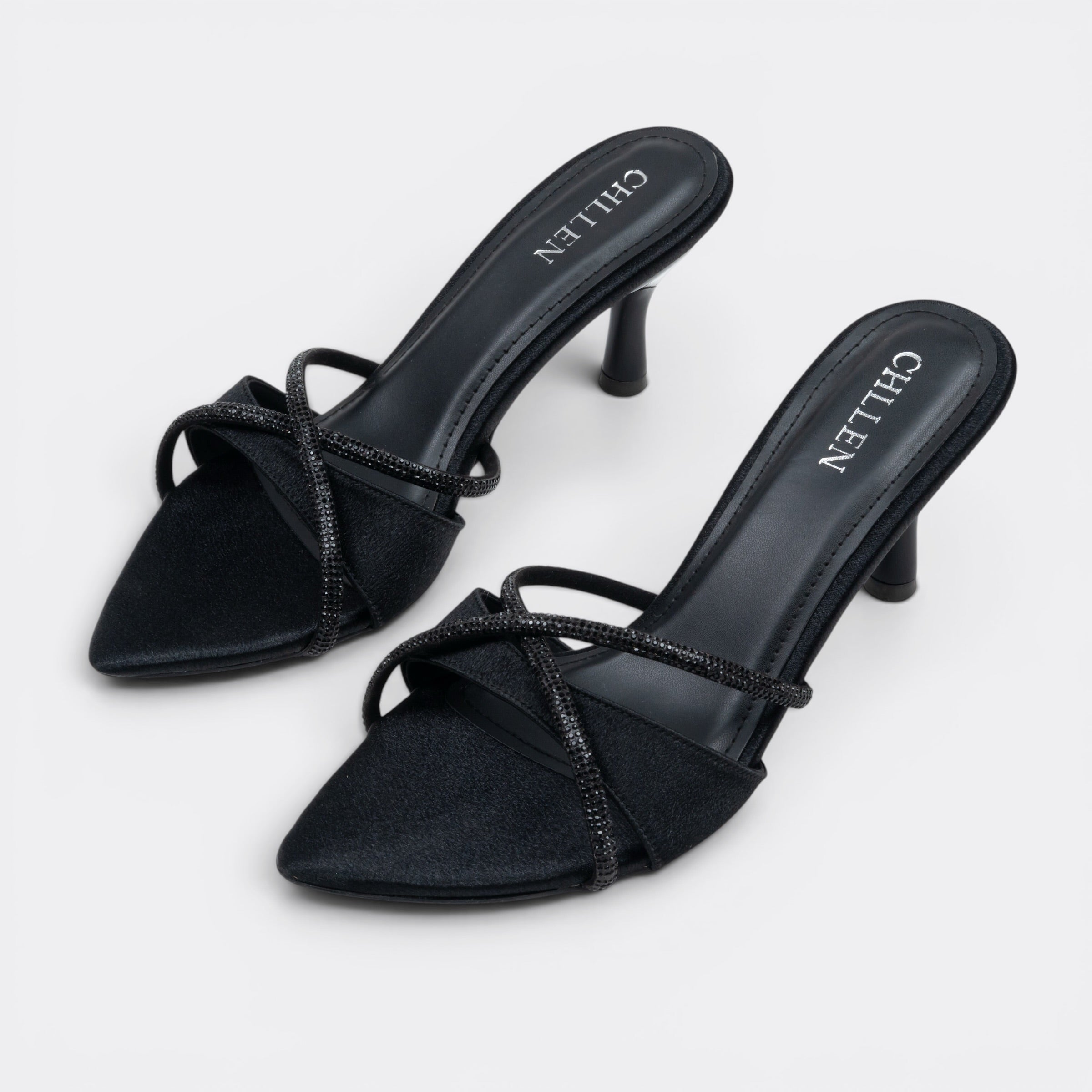 CHLLEN Black Crystal Cross Strap Heels