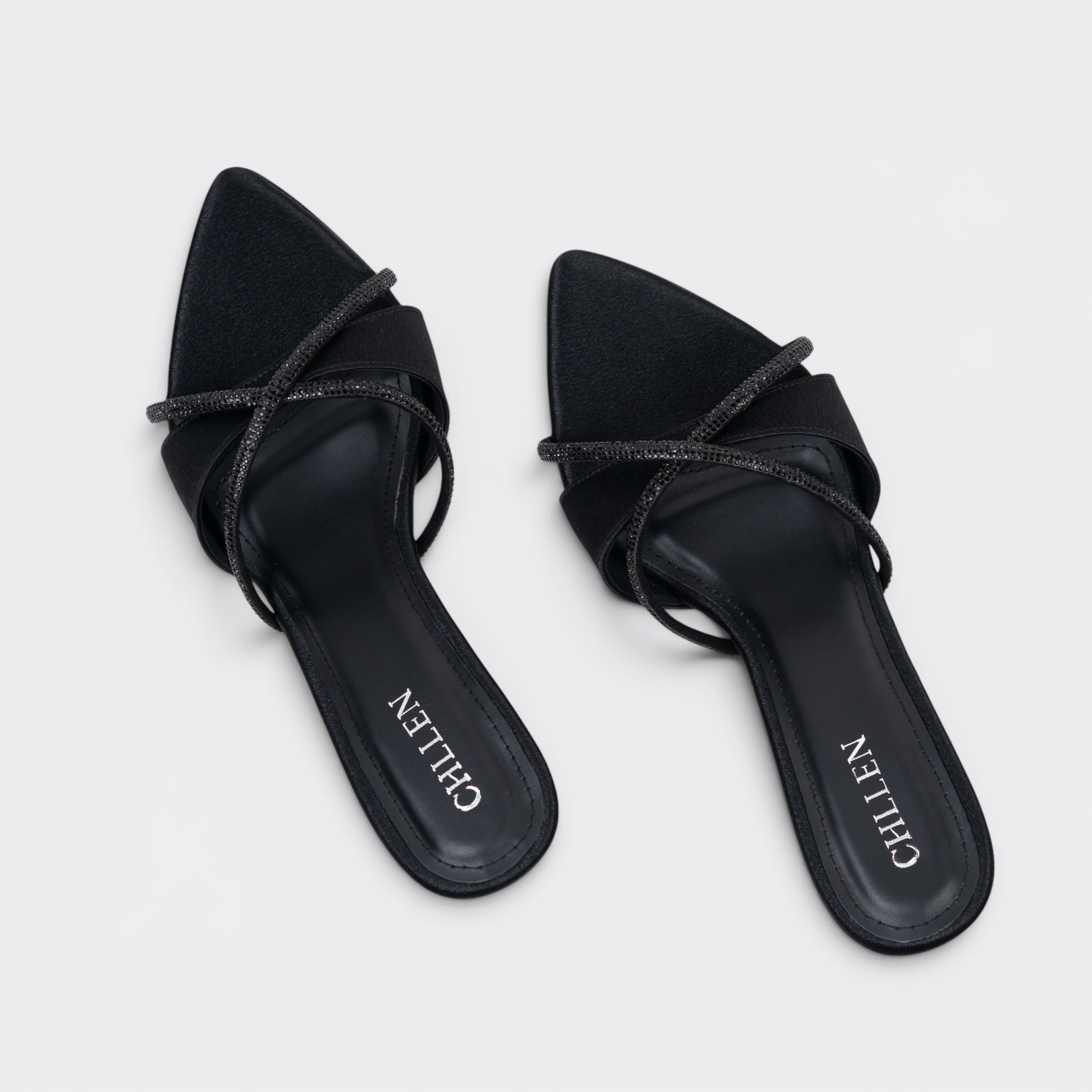 CHLLEN Black Crystal Cross Strap Heels