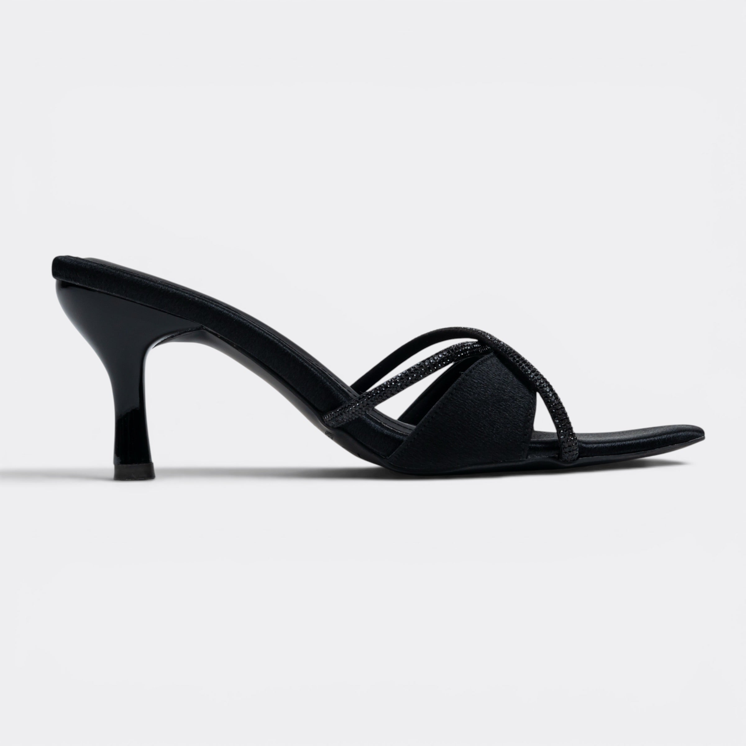 CHLLEN Black Crystal Cross Strap Heels