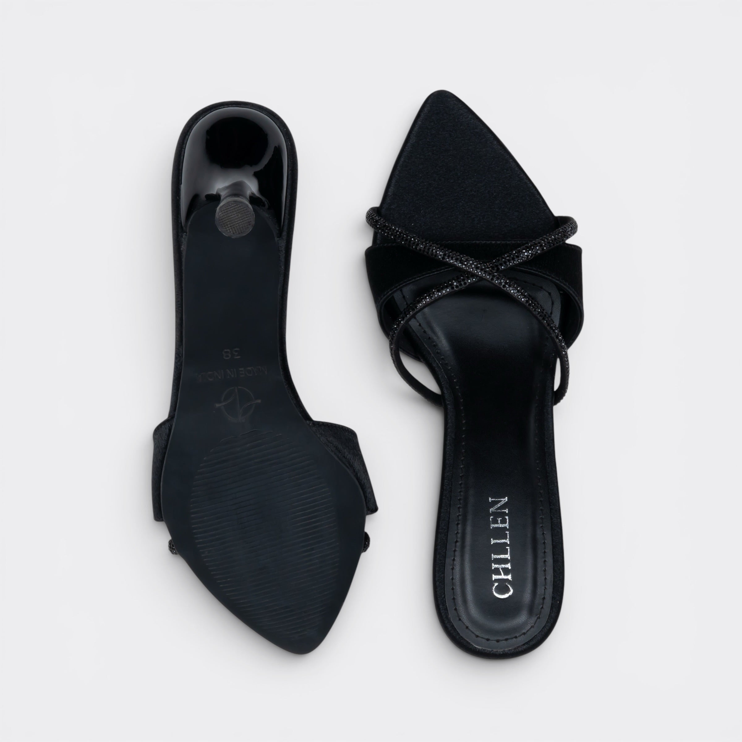 CHLLEN Black Crystal Cross Strap Heels