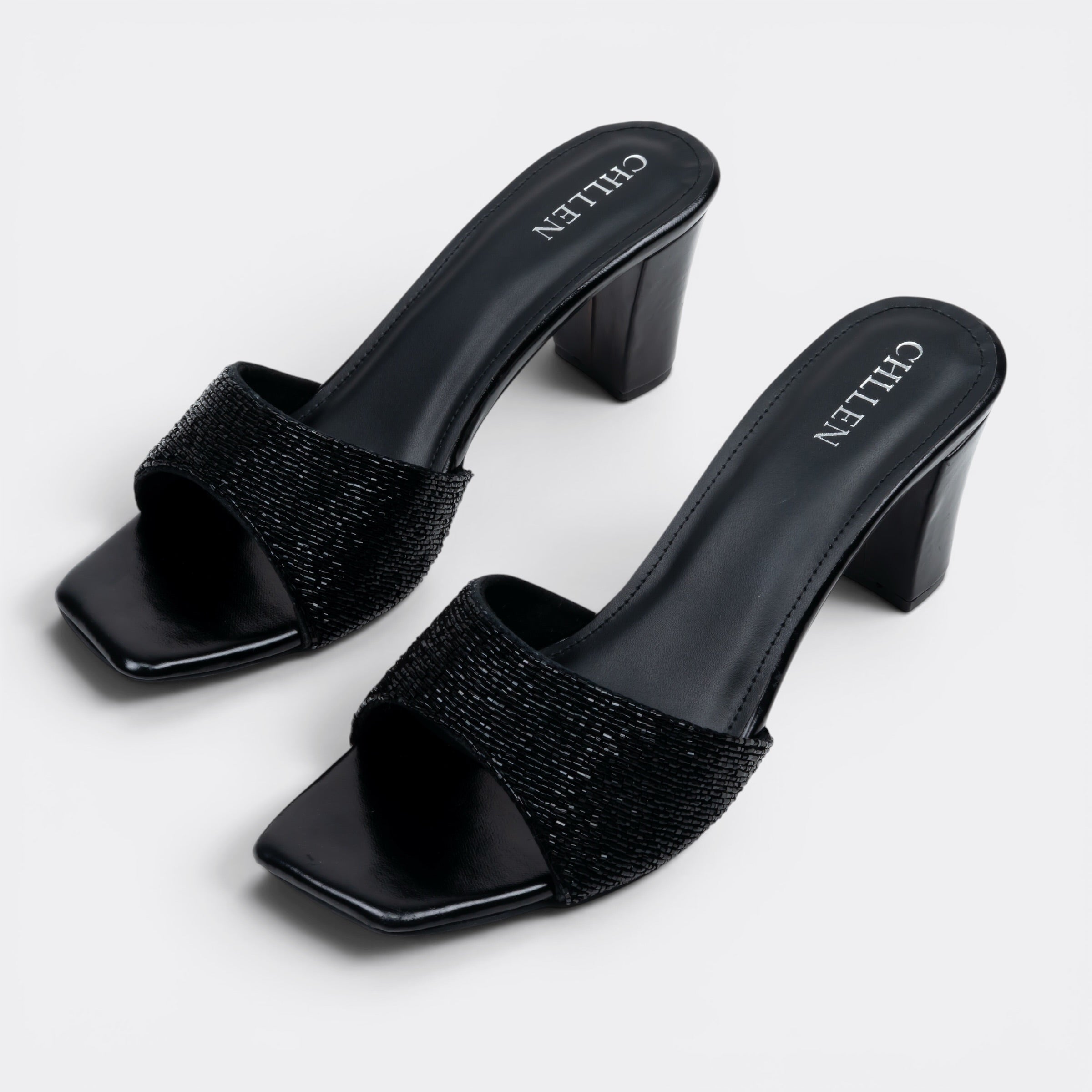 CHLLEN Black Rhinestone Broad Strap Heels
