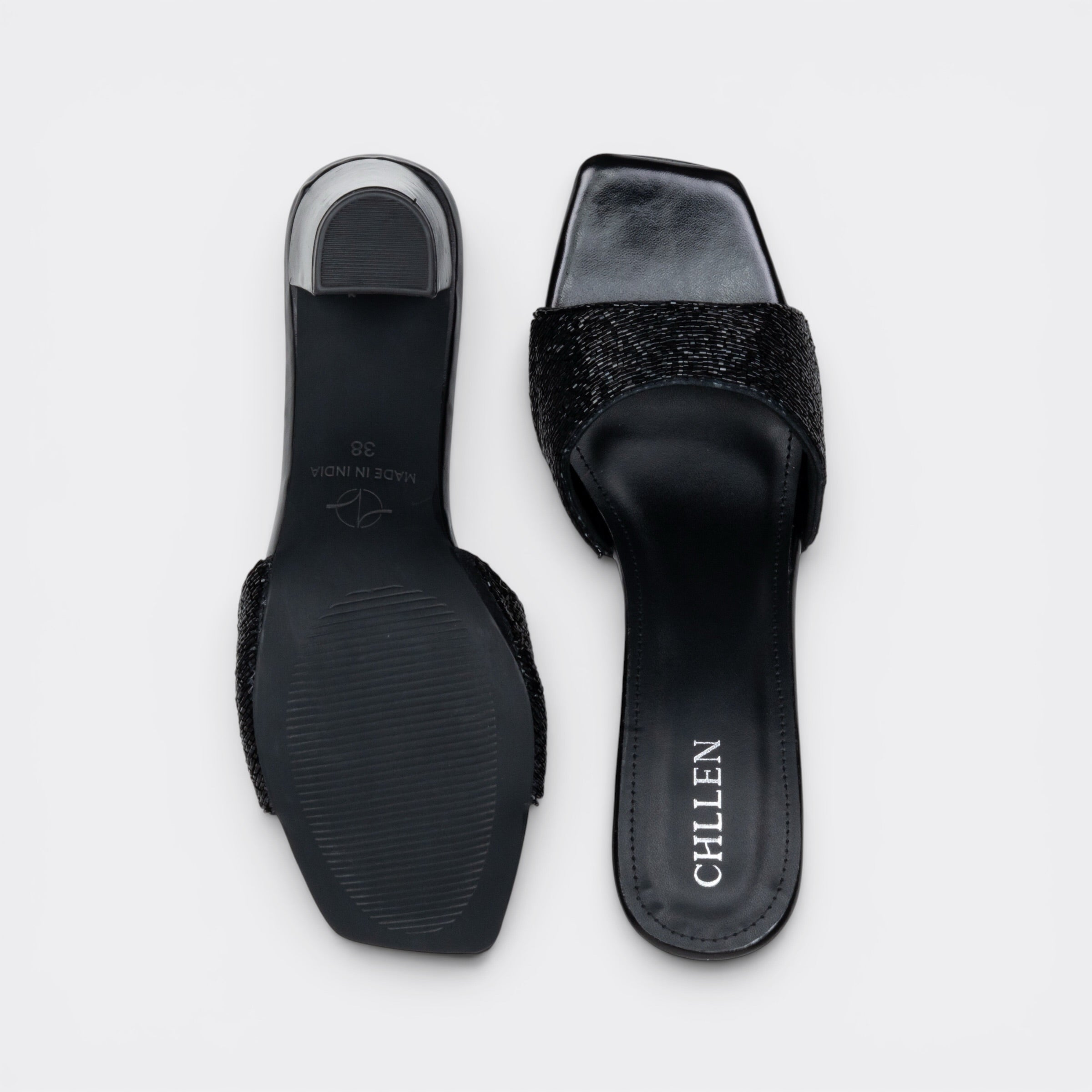 CHLLEN Black Rhinestone Broad Strap Heels