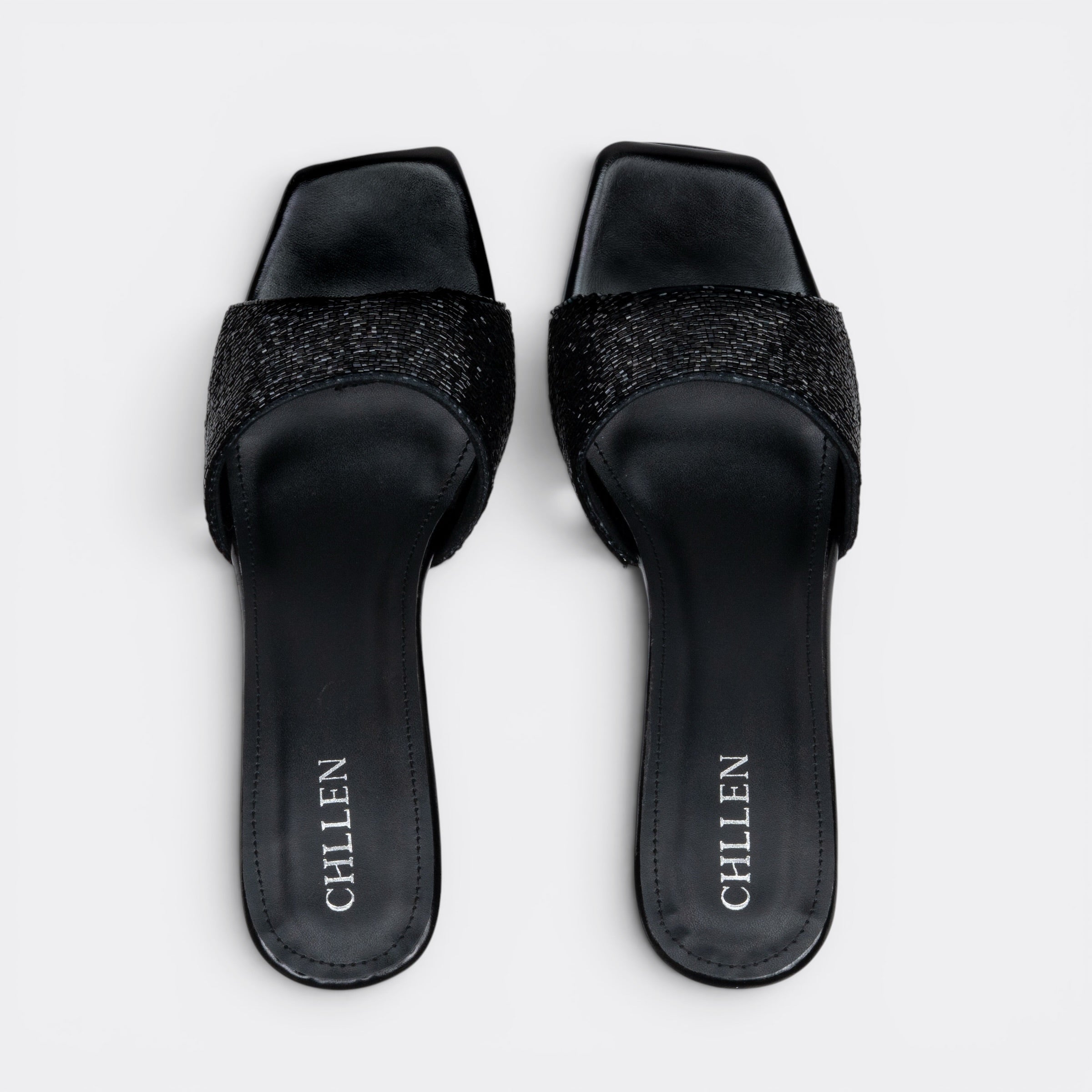 CHLLEN Black Rhinestone Broad Strap Heels