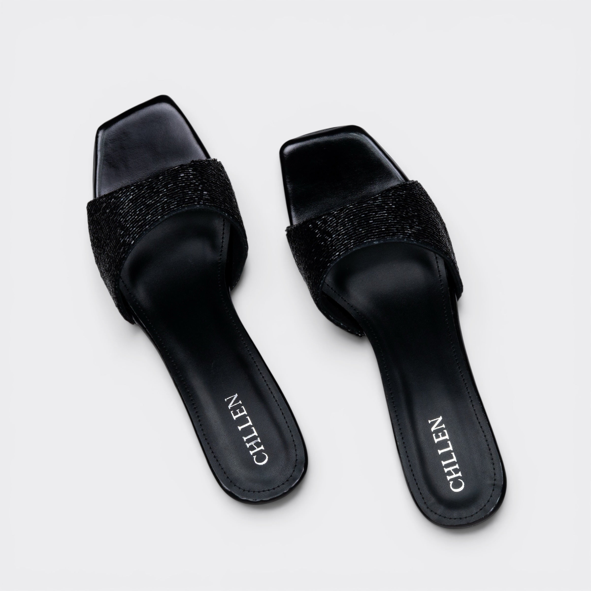 CHLLEN Black Rhinestone Broad Strap Heels