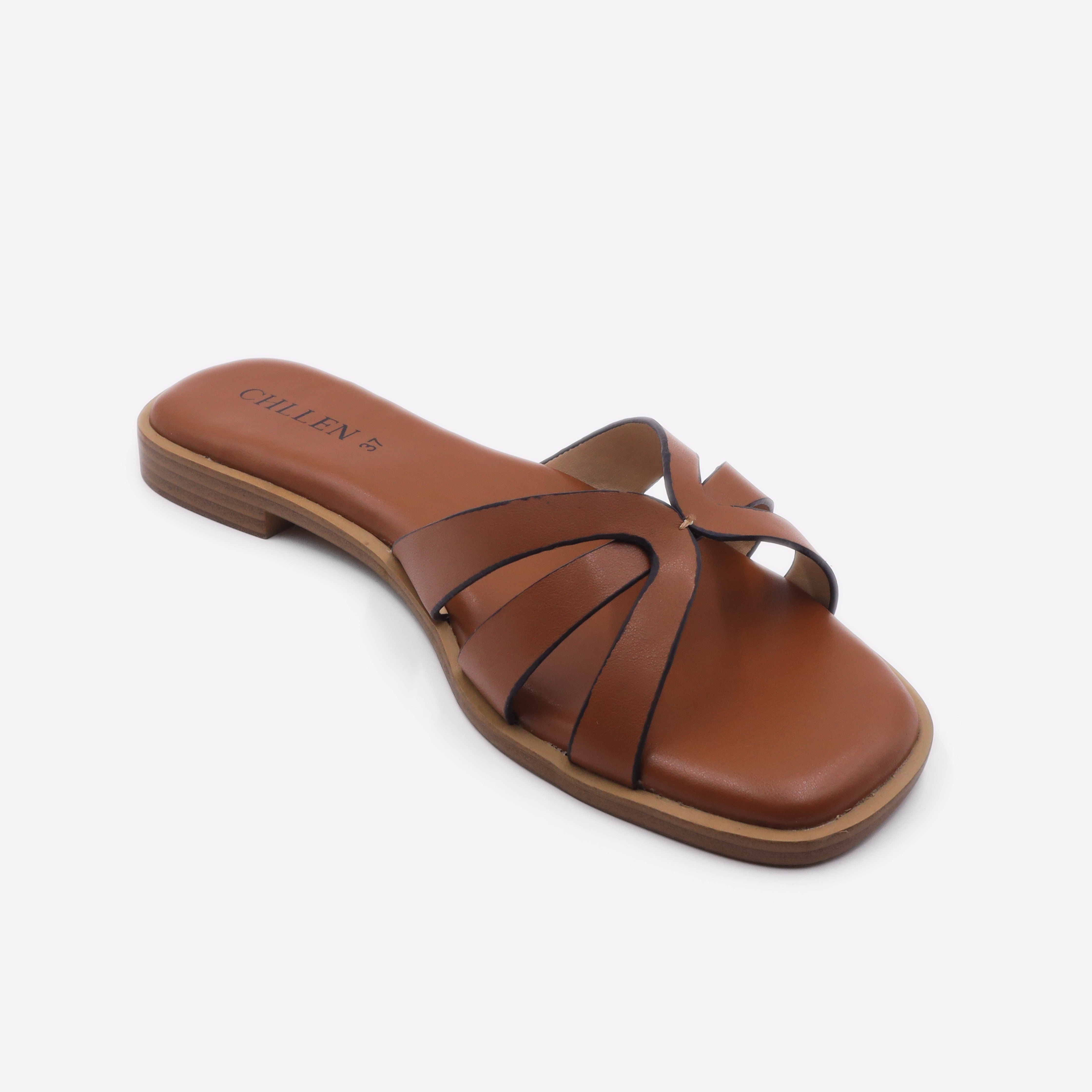 CHLLEN Tan Cross Strap Flats
