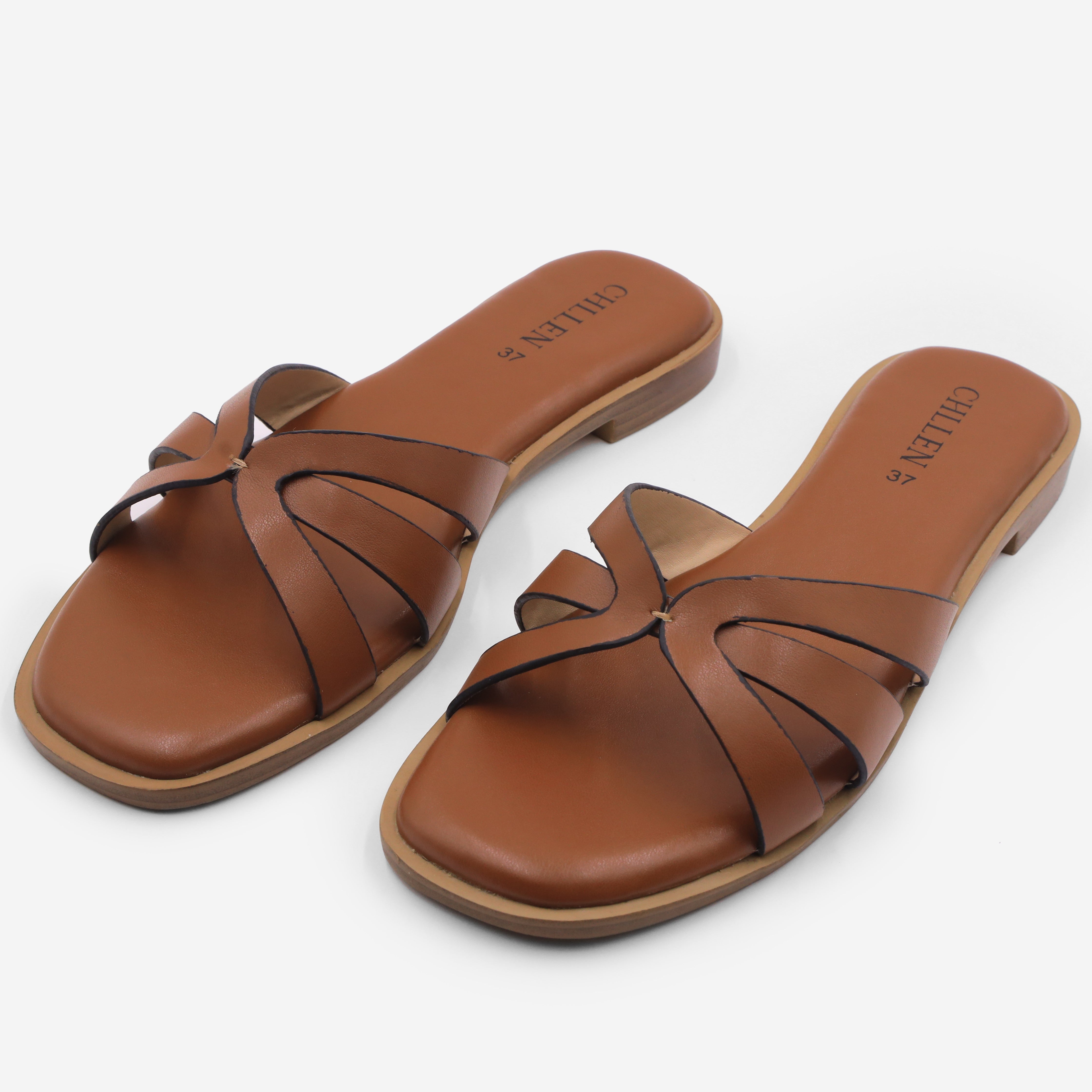 CHLLEN Tan Cross Strap Flats