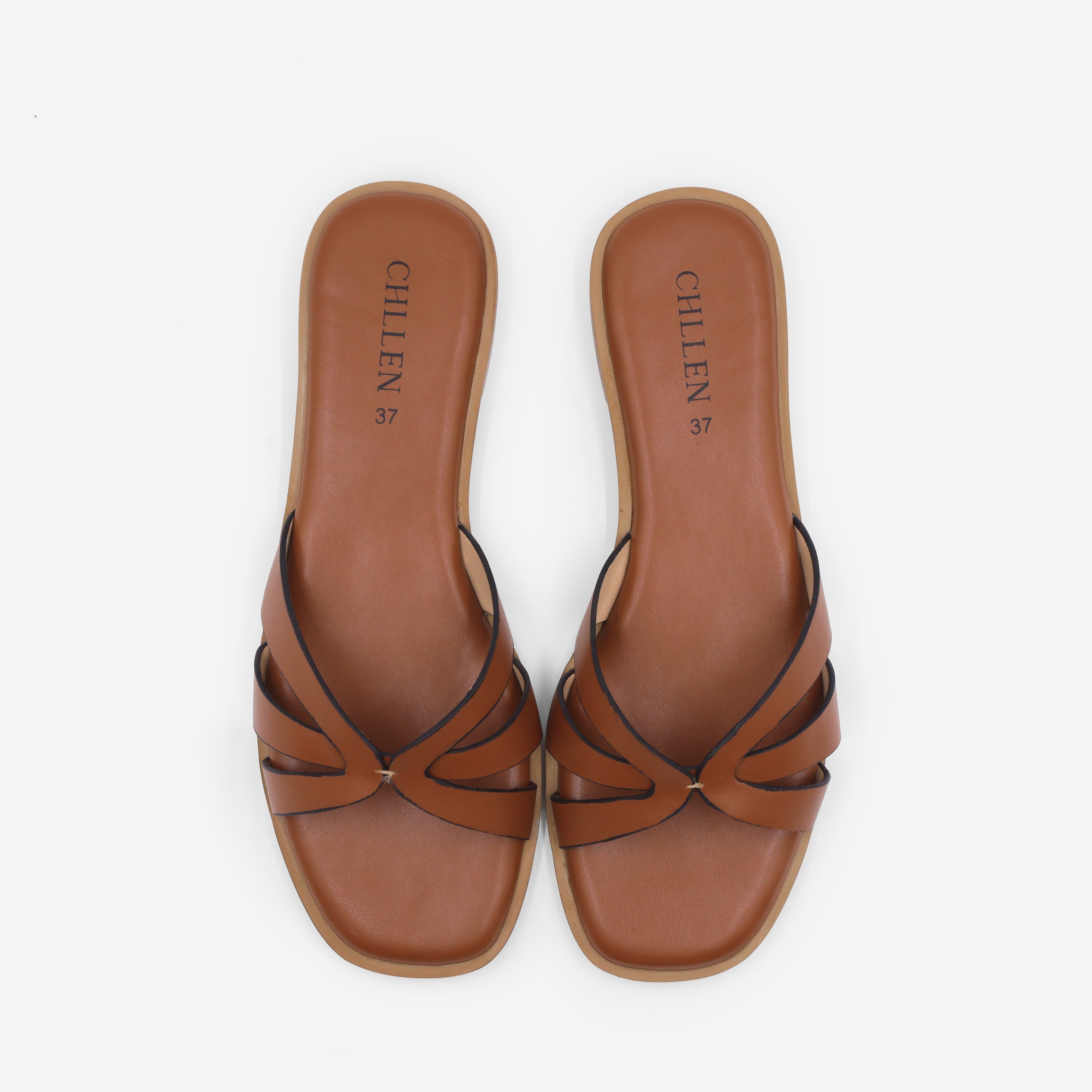 CHLLEN Tan Cross Strap Flats