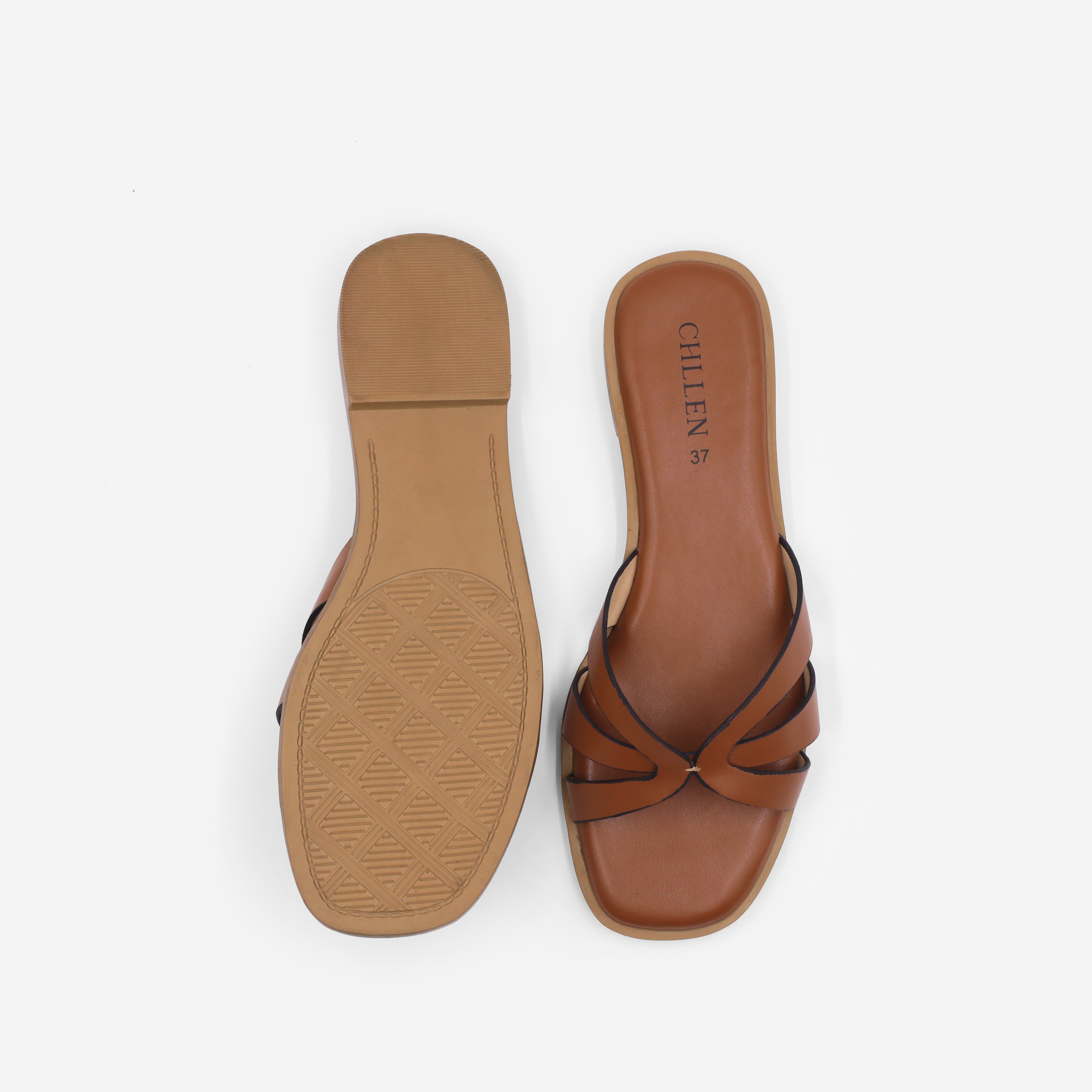 CHLLEN Tan Cross Strap Flats