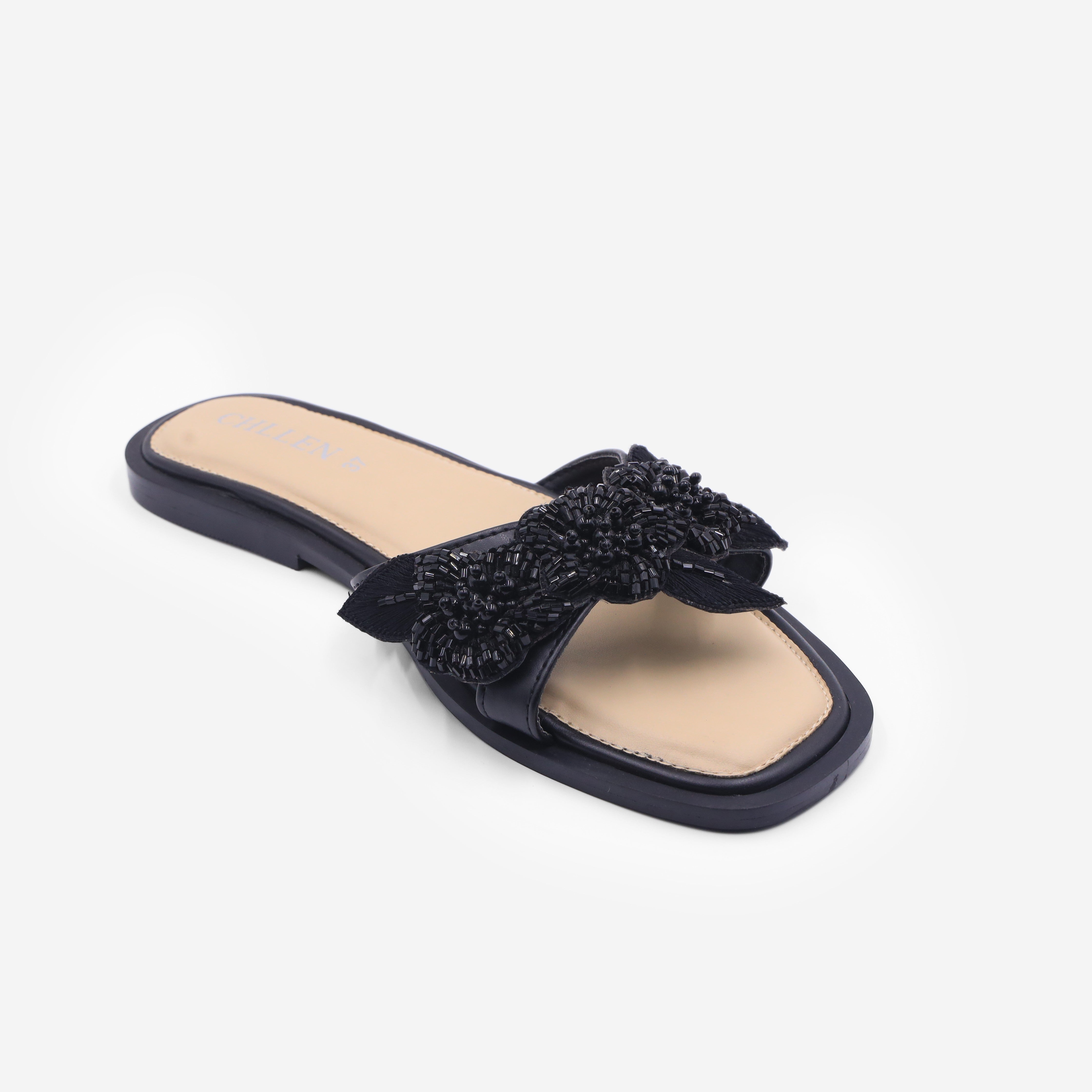 CHLLEN Black Floral Embellished Flats