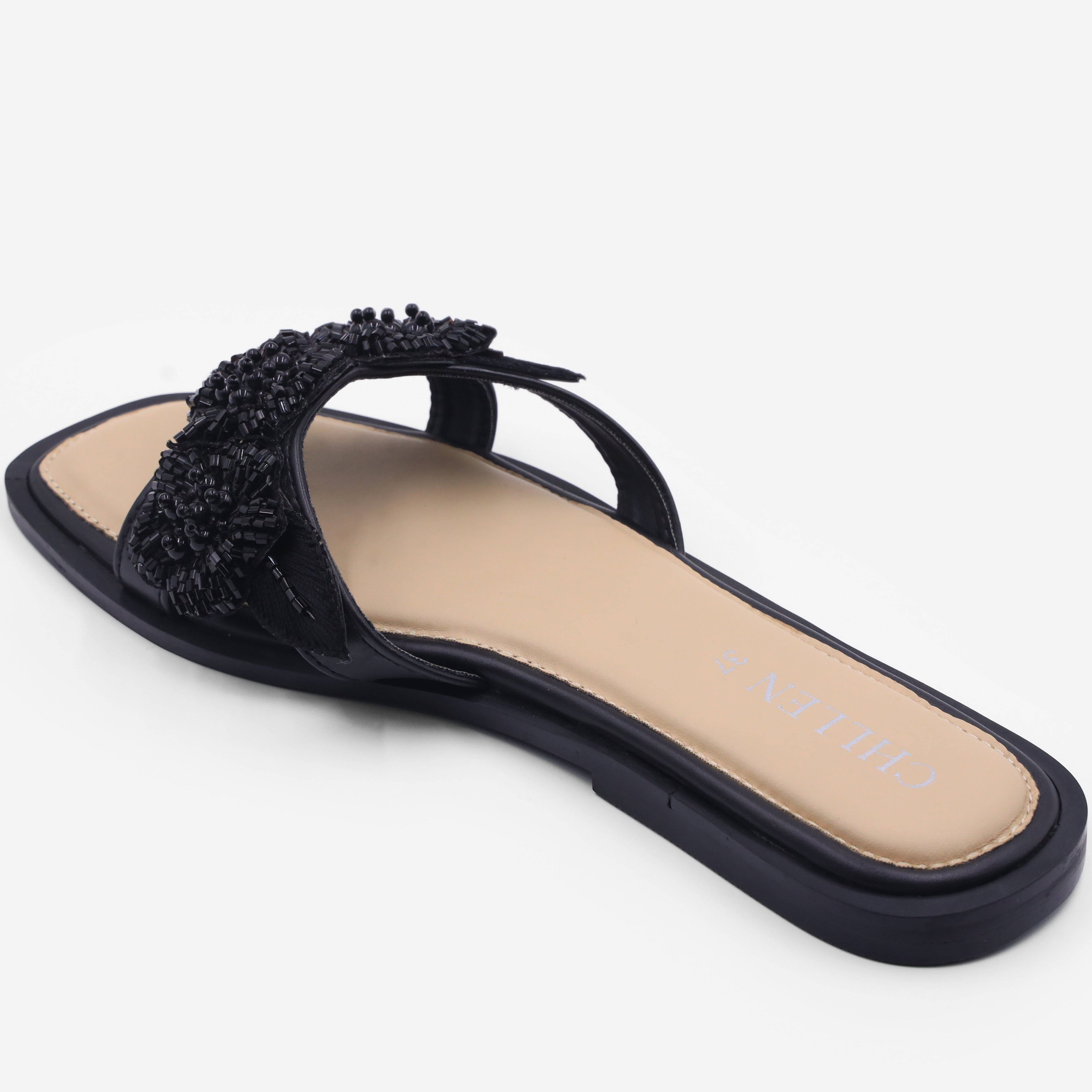 CHLLEN Black Floral Embellished Flats