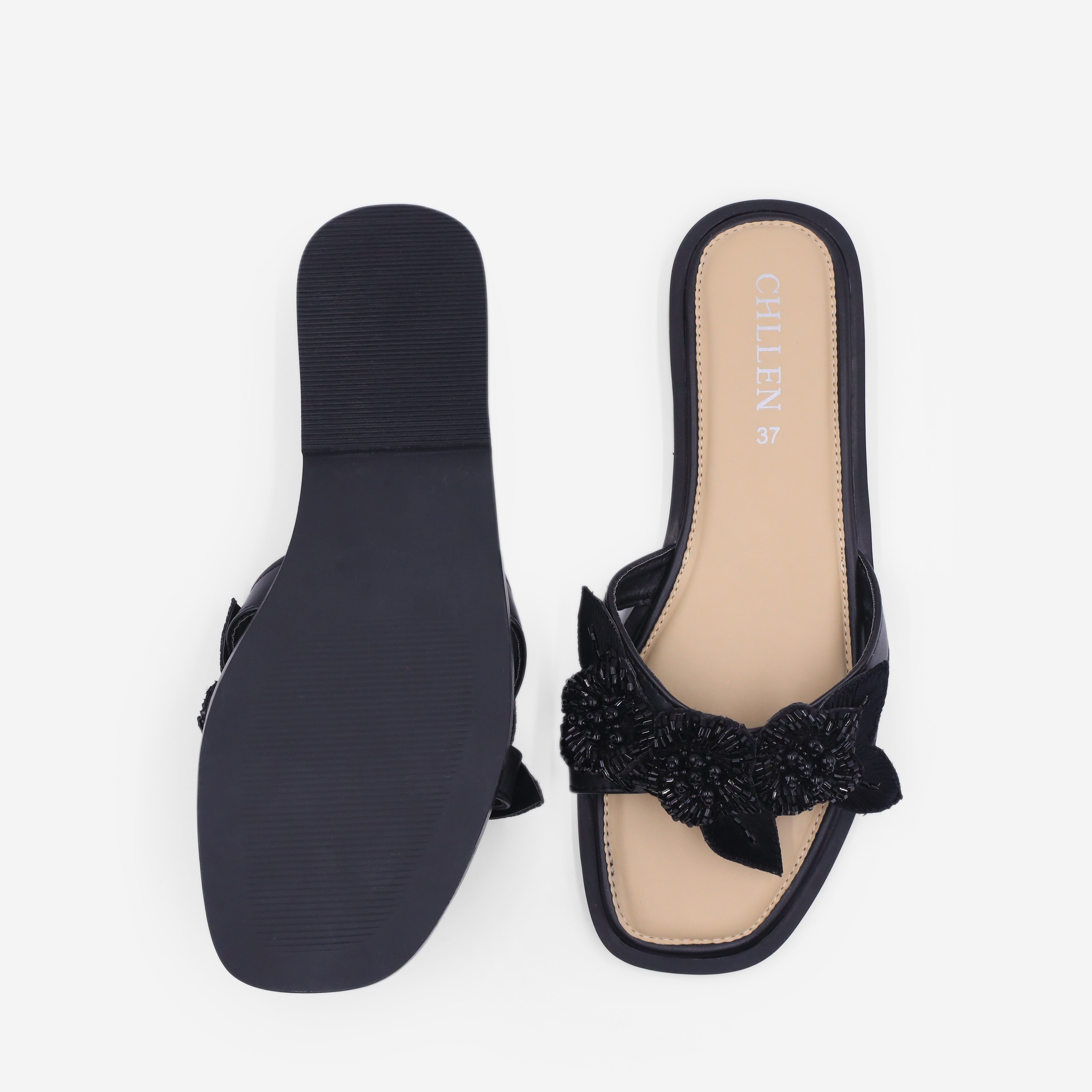 CHLLEN Black Floral Embellished Flats