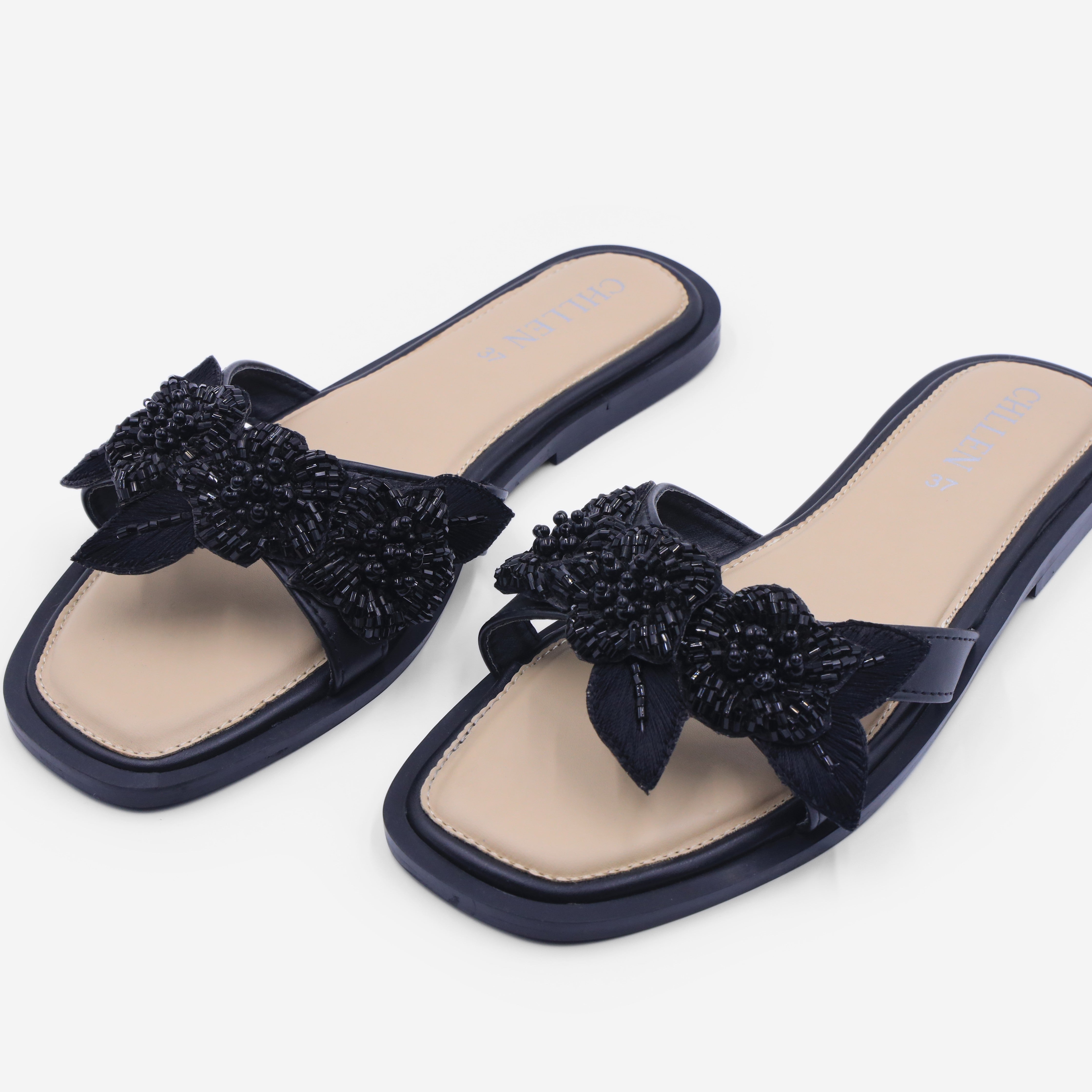 CHLLEN Black Floral Embellished Flats