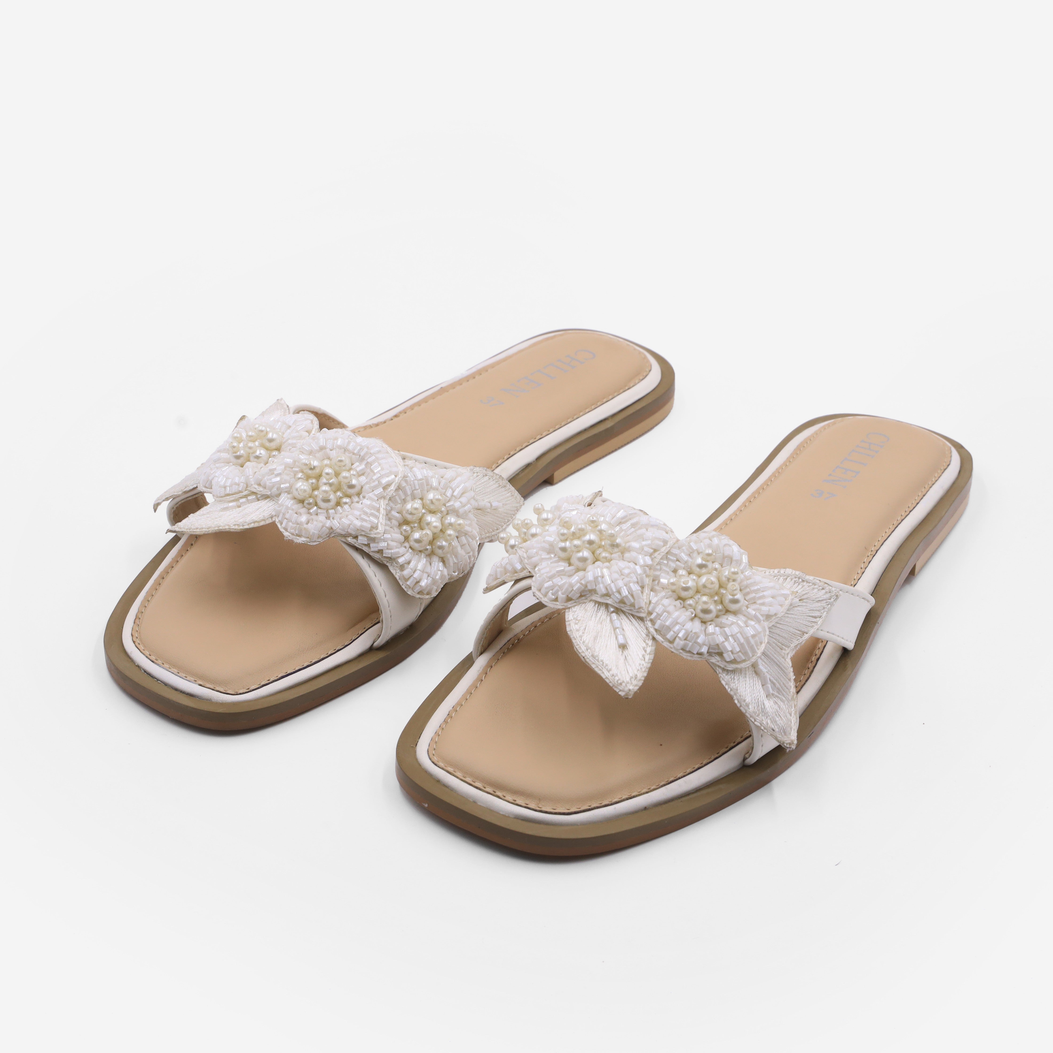 CHLLEN white Floral Embellished Flats