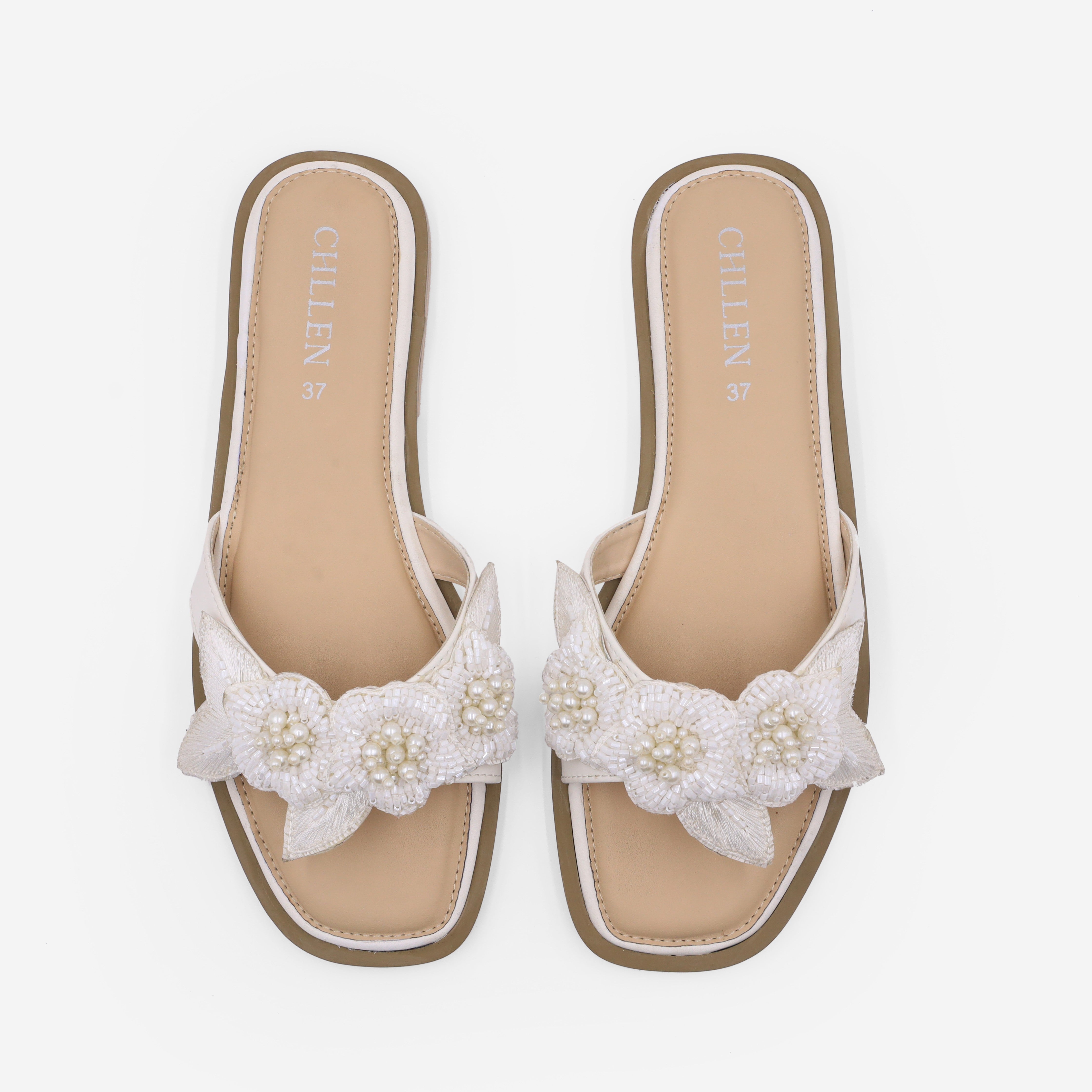CHLLEN white Floral Embellished Flats