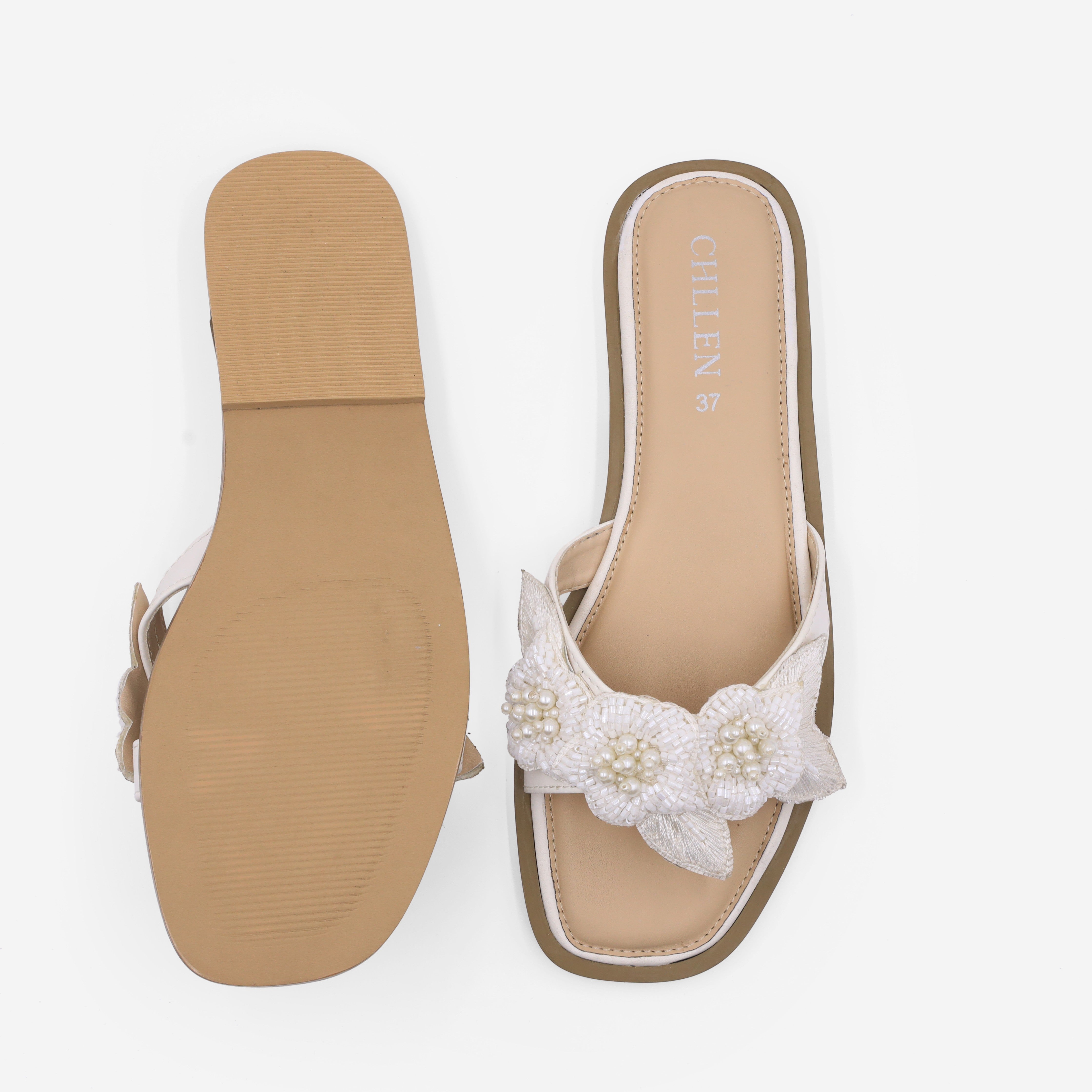 CHLLEN white Floral Embellished Flats