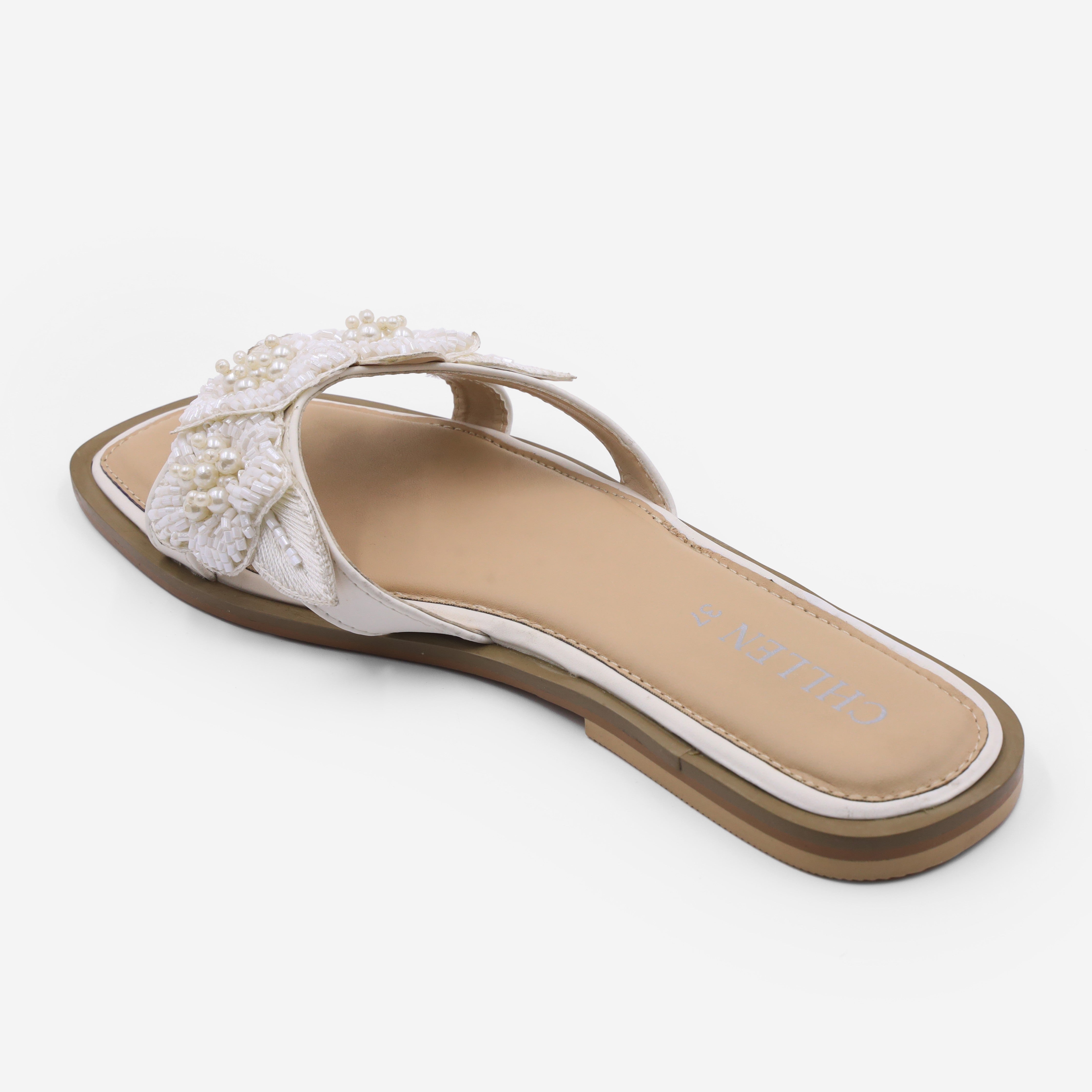 CHLLEN white Floral Embellished Flats