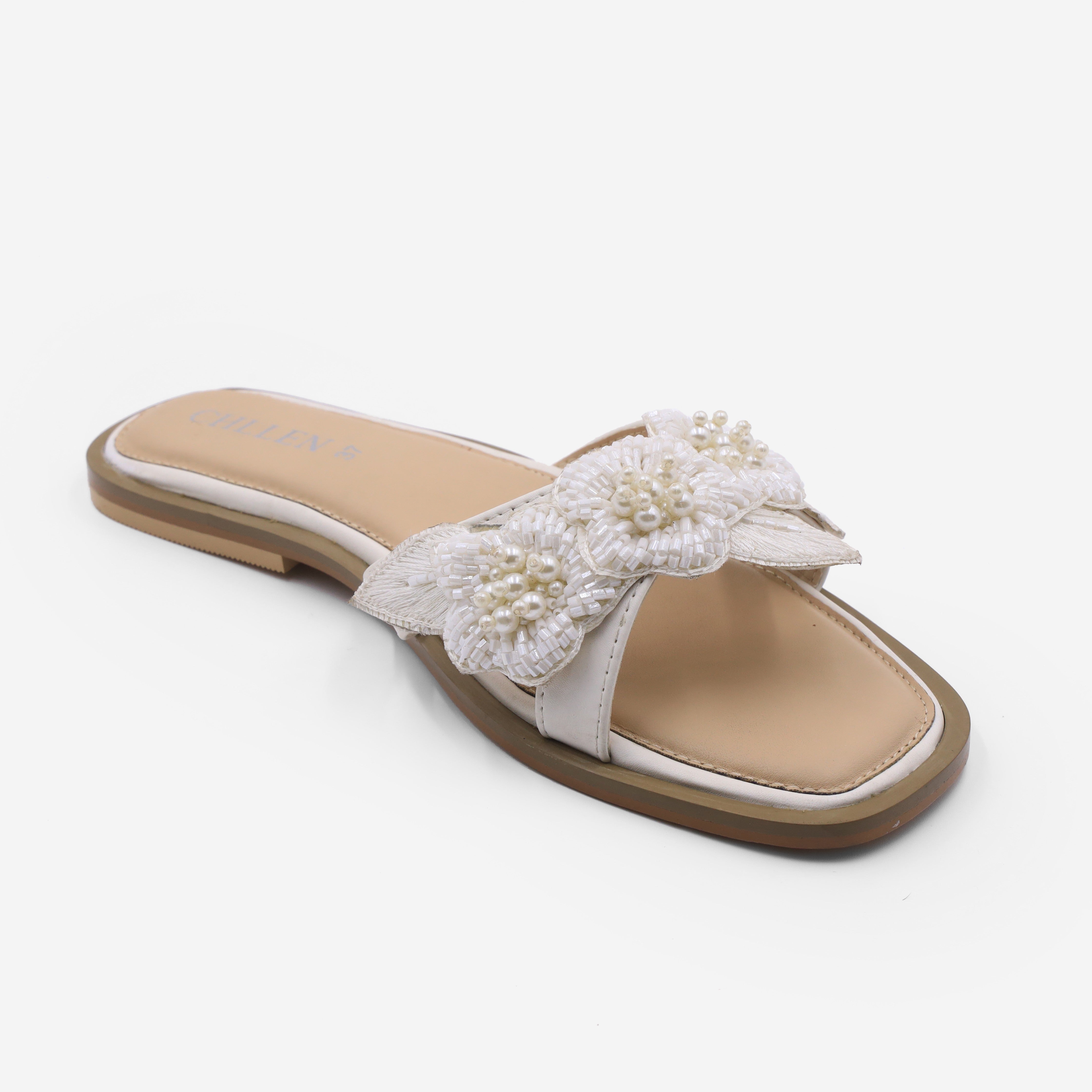 CHLLEN white Floral Embellished Flats