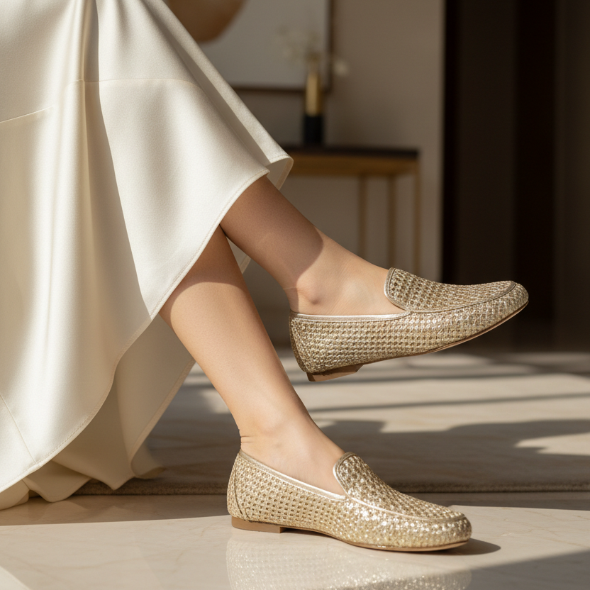 CHLLEN Celeste Woven Metallic Loafer Flats – Champagne Gold
