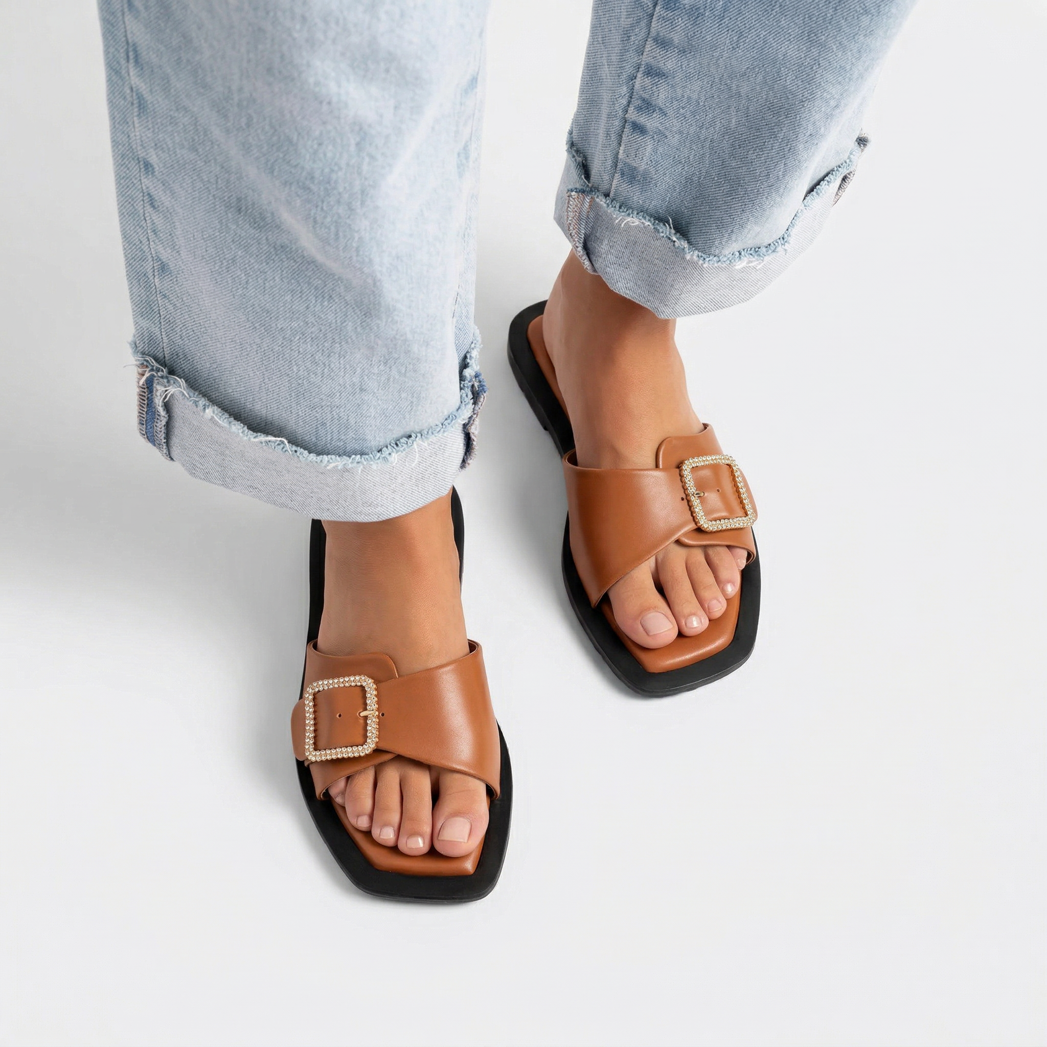 CHLLEN Tan Crystal Buckle Minimalist Flats